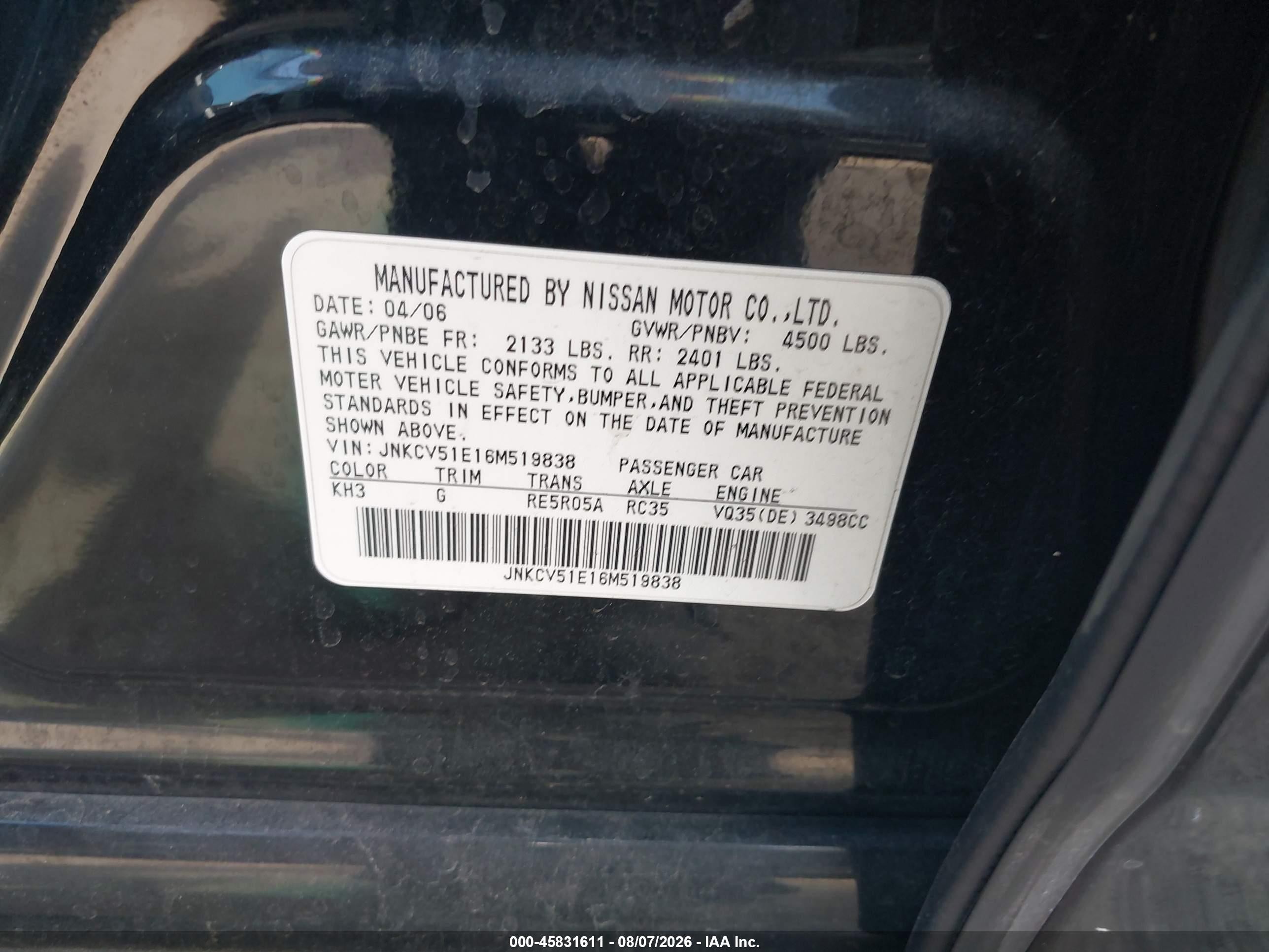 2006 Infiniti G35   Black vin: JNKCV51E16M519838