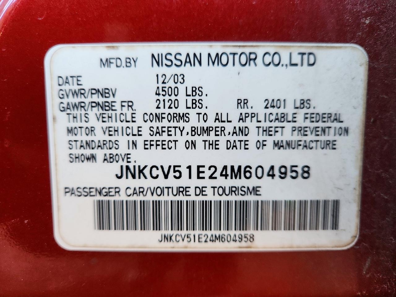 2004 Infiniti G35 Base Burgundy vin: JNKCV51E24M604958