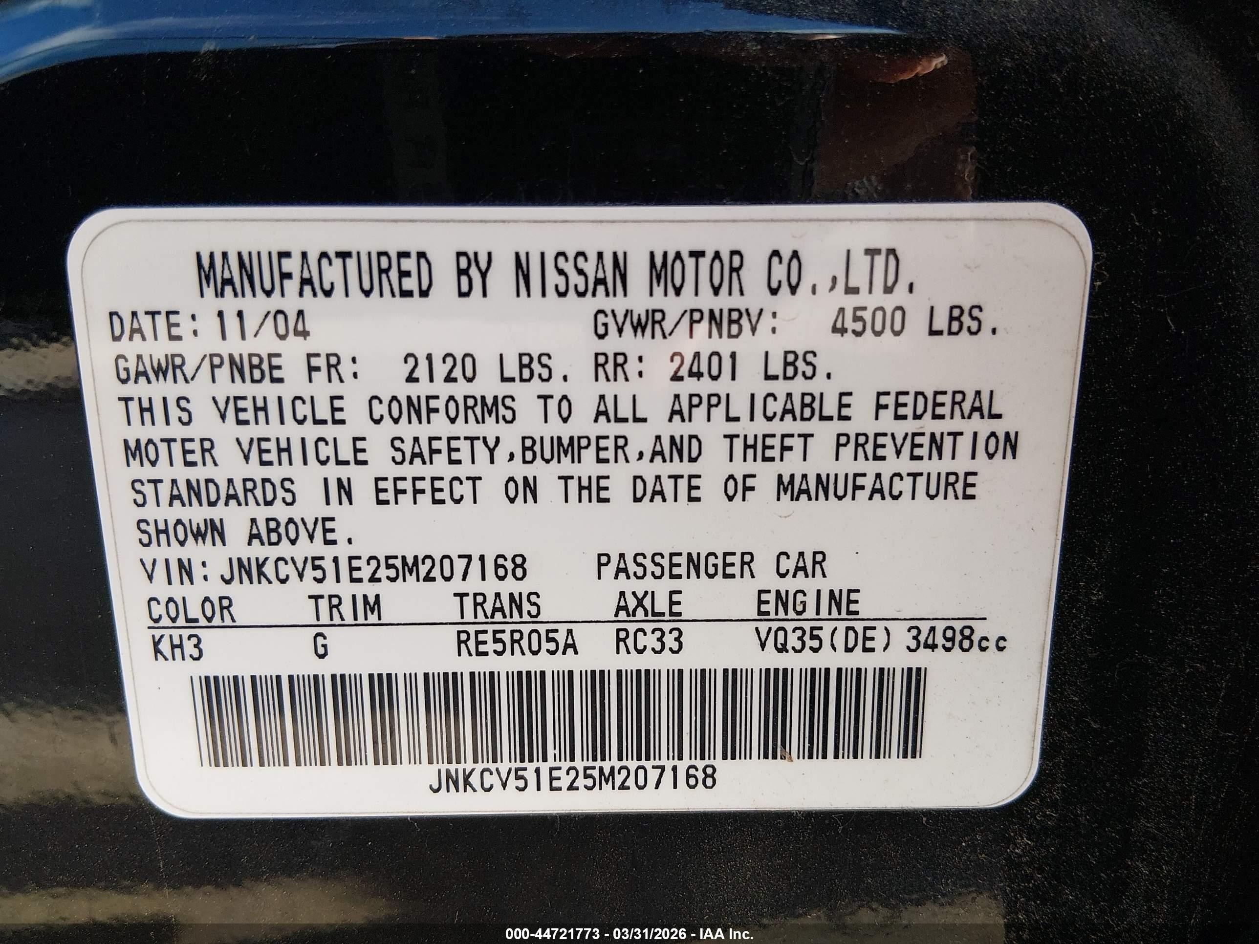 2005 Infiniti G35   Black vin: JNKCV51E25M207168