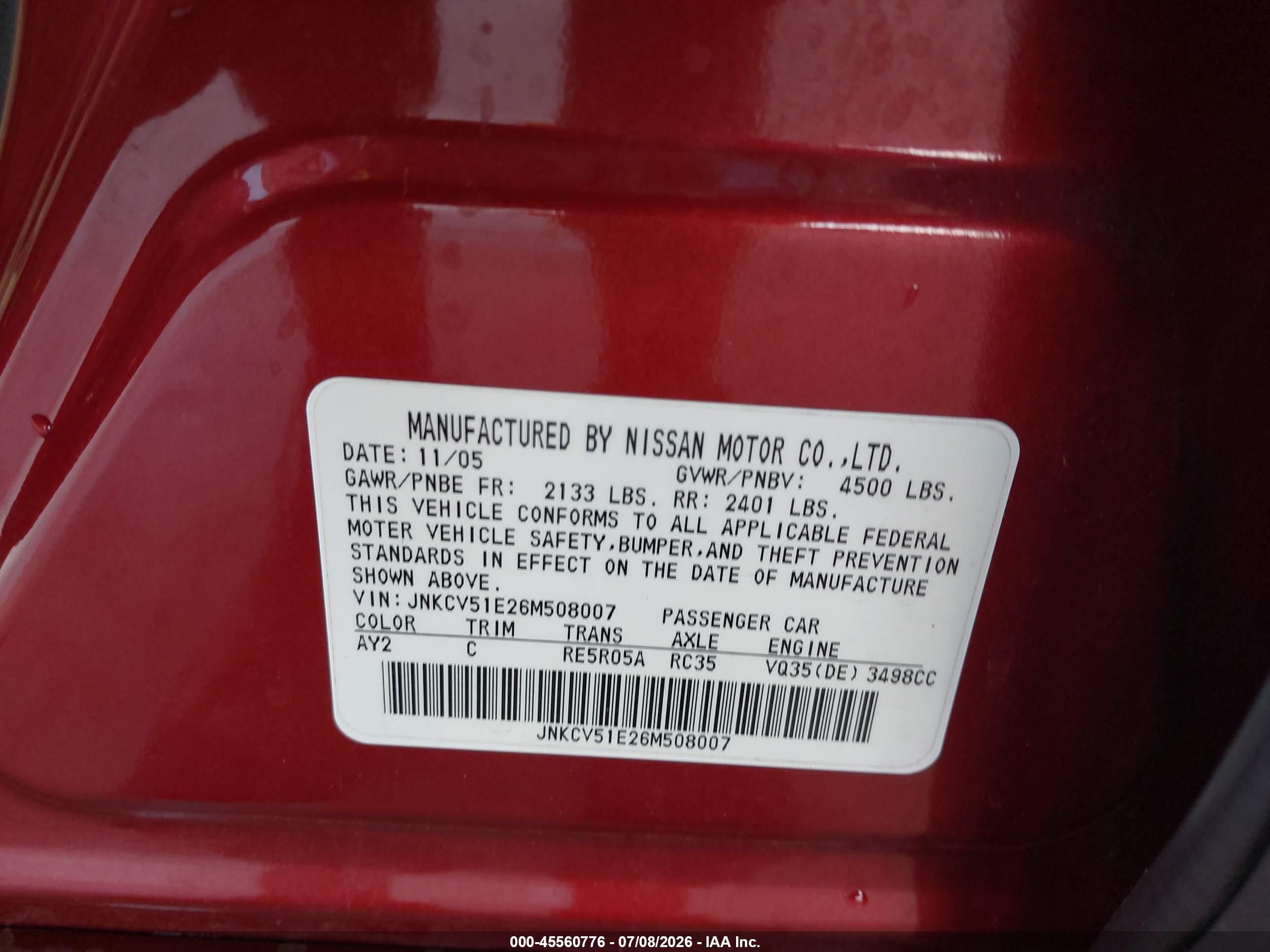 2006 Infiniti G35 Red vin: JNKCV51E26M508007
