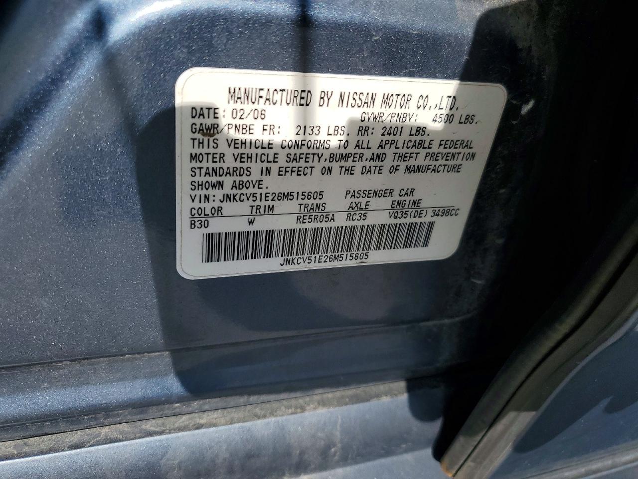 2006 Infiniti G35 Base Blue vin: JNKCV51E26M515605