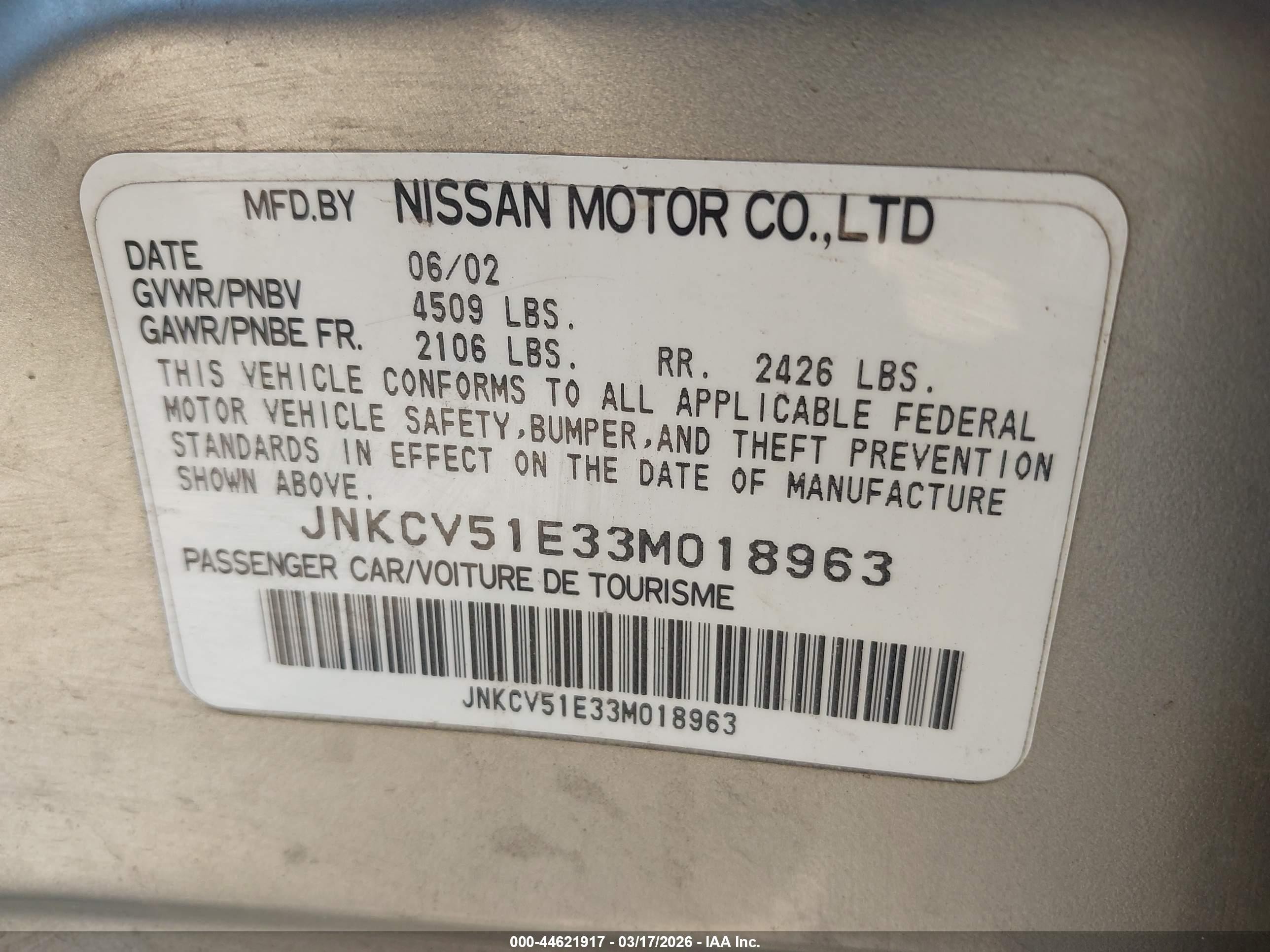 2003 Infiniti G35 Base W/6 Speed Manual Champagne vin: JNKCV51E33M018963