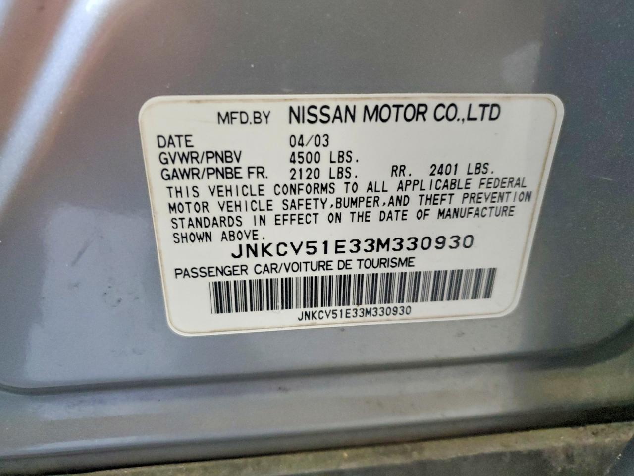 2003 Infiniti G35 Base Silver vin: JNKCV51E33M330930