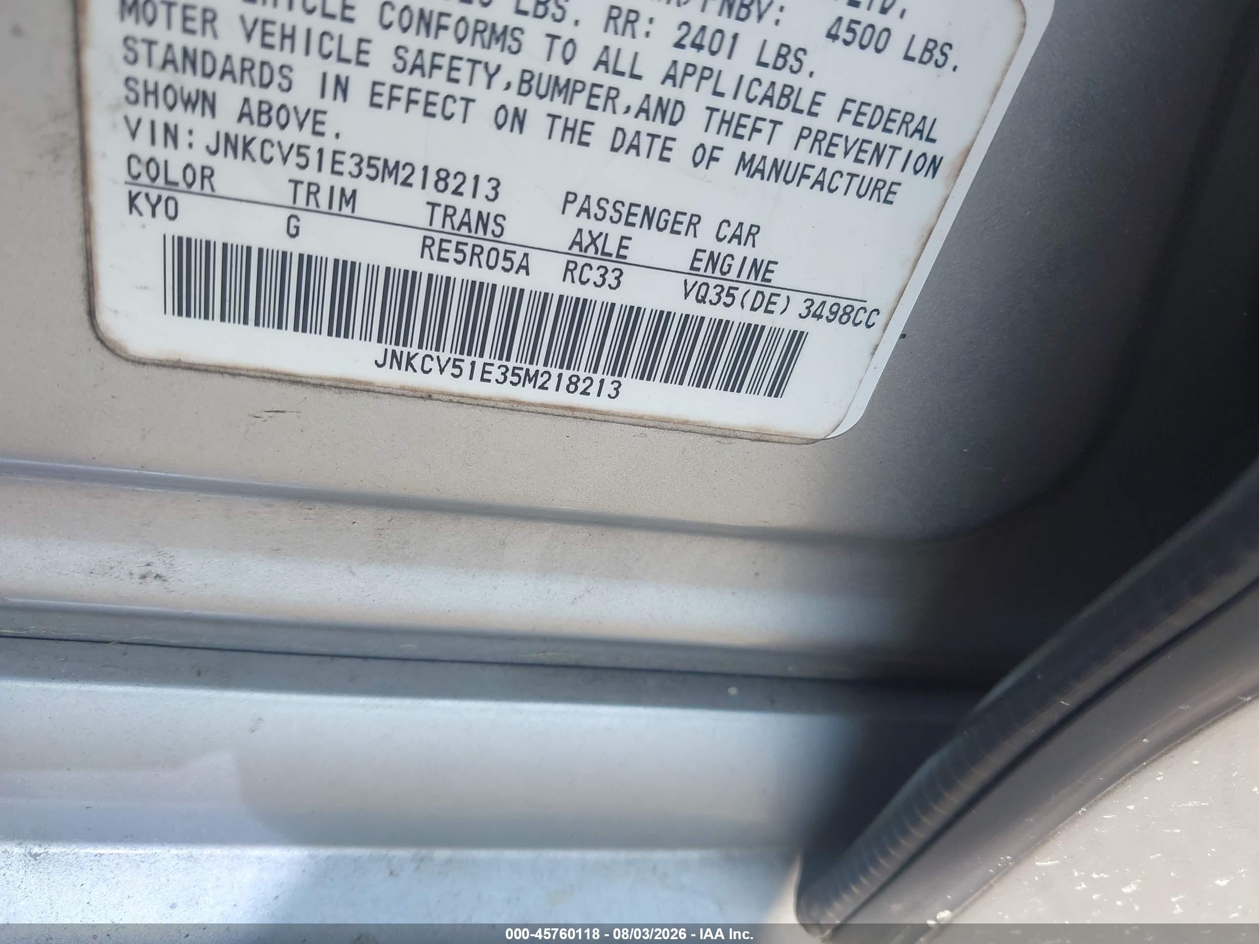 2005 Infiniti G35 Silver vin: JNKCV51E35M218213