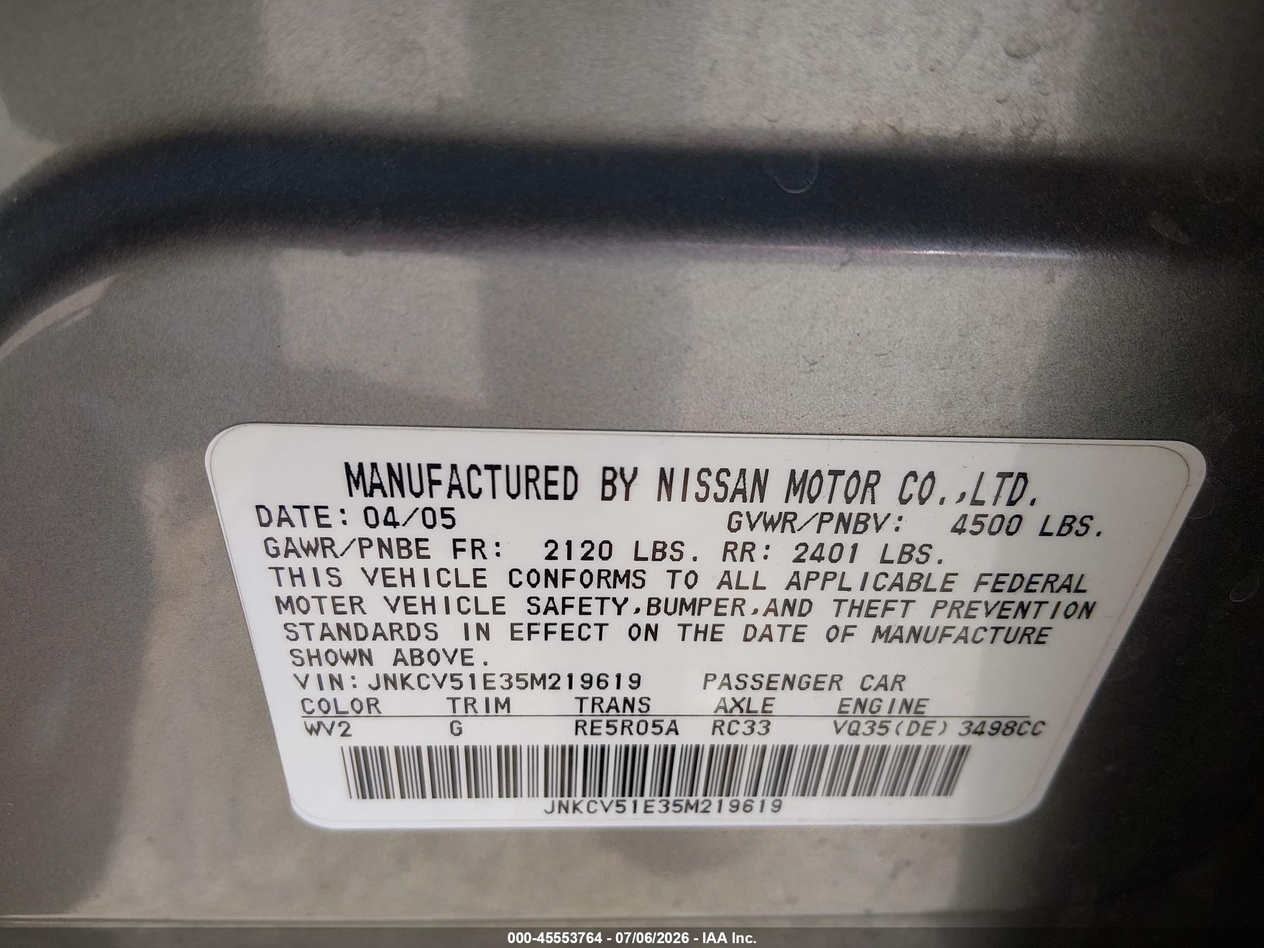 2005 Infiniti G35 Silver vin: JNKCV51E35M219619