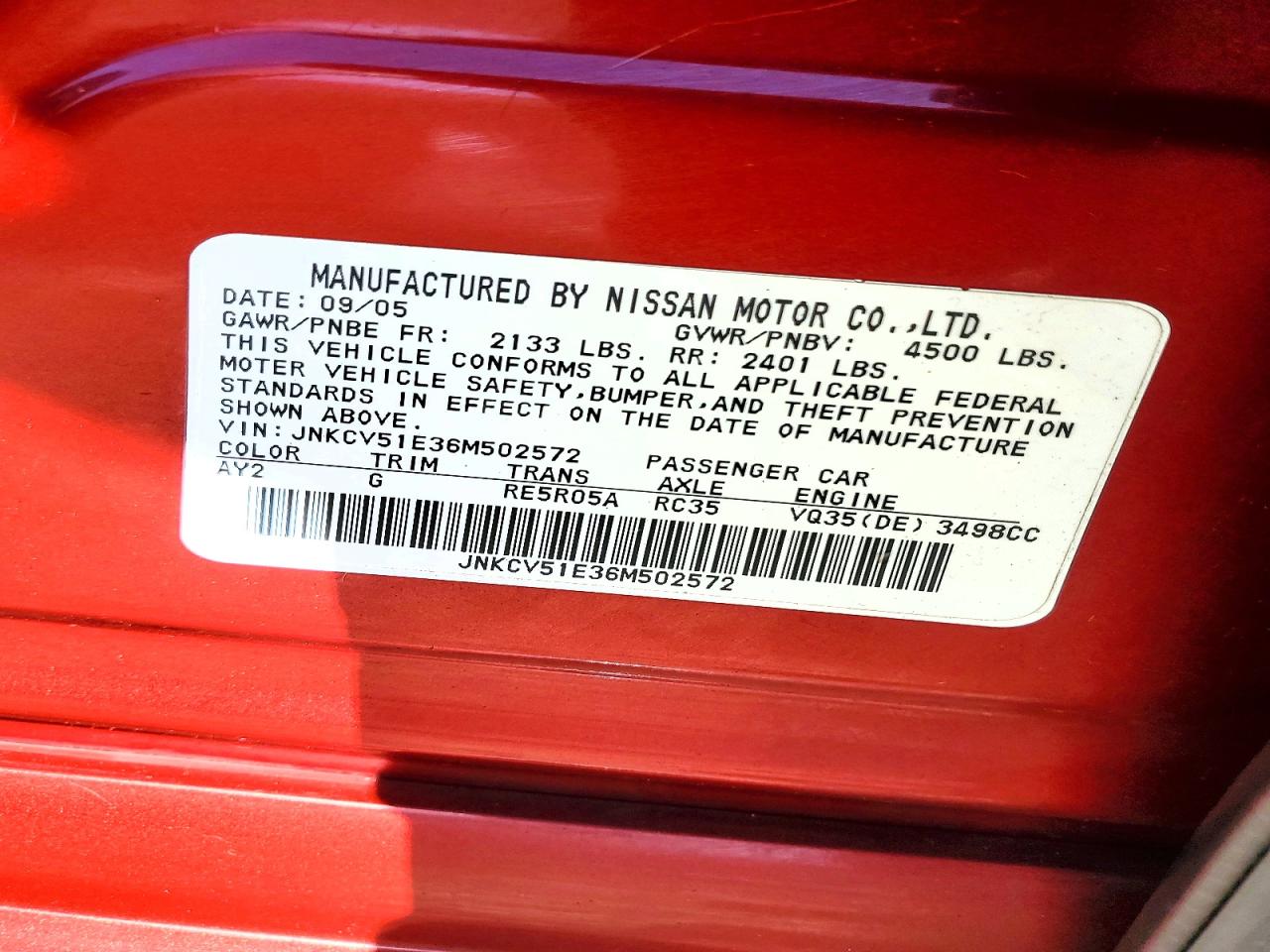 2006 Infiniti G35 Base Red vin: JNKCV51E36M502572