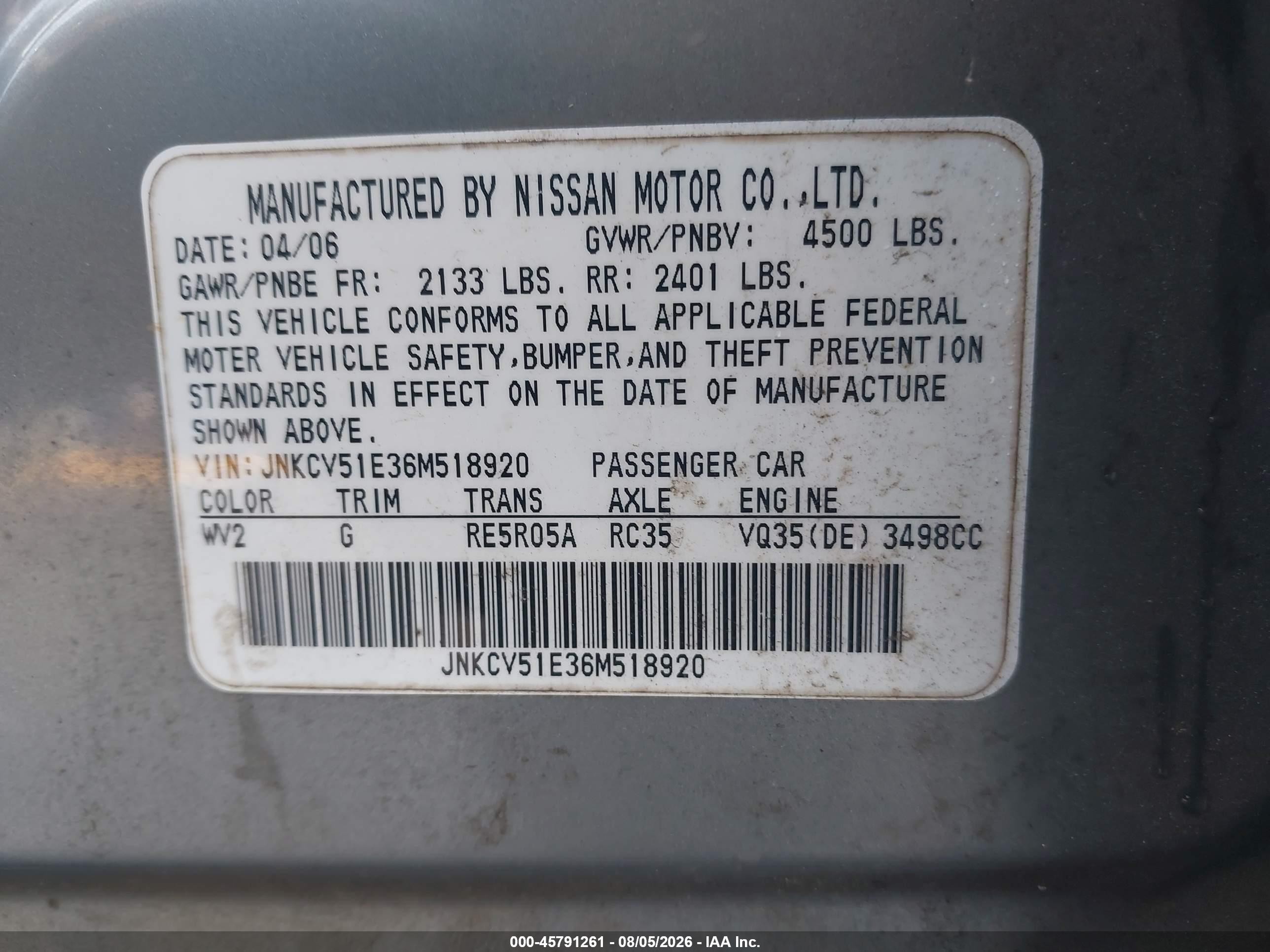 2006 Infiniti G35   Silver vin: JNKCV51E36M518920