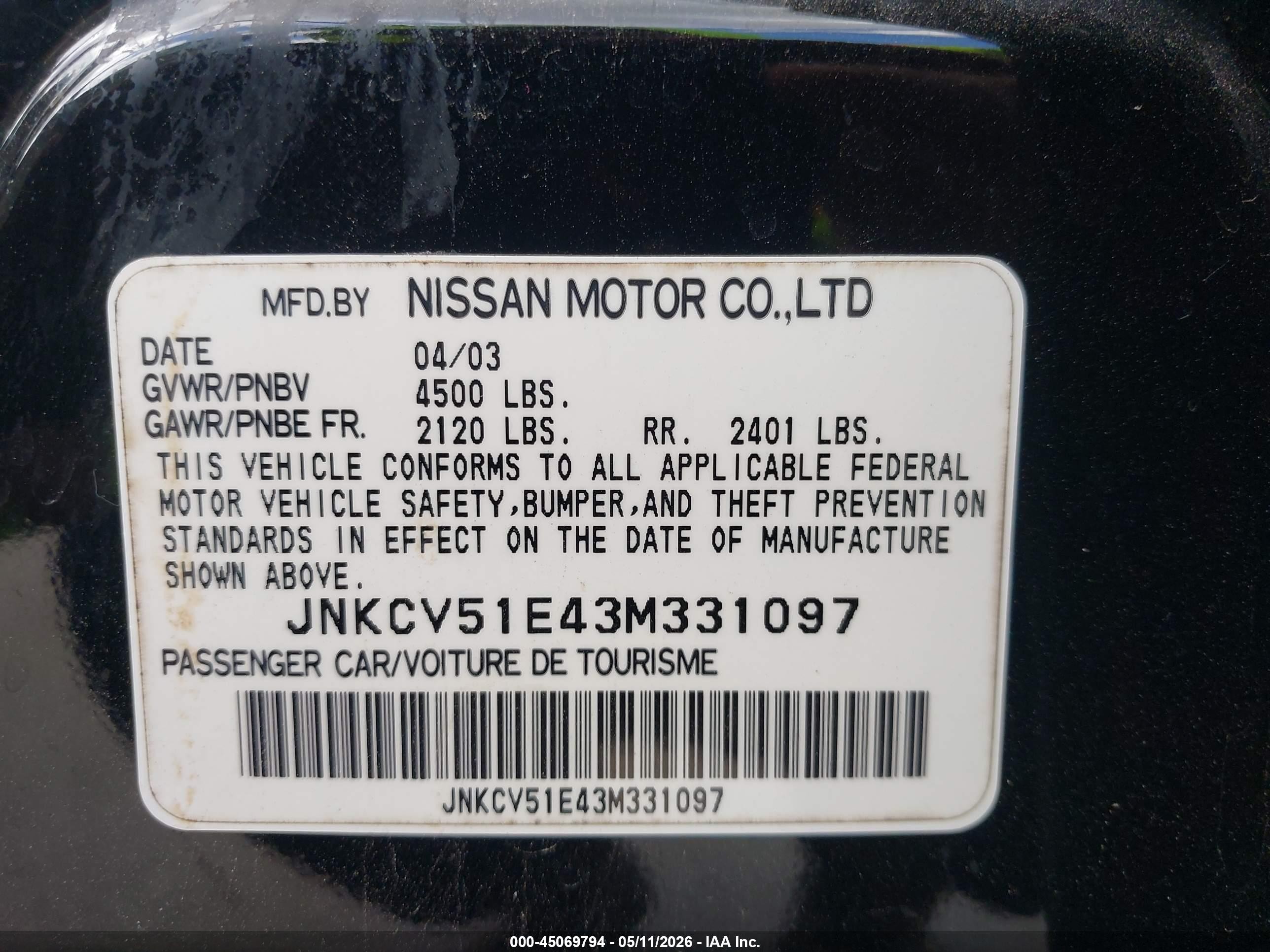 2003 Infiniti G35 Luxury Leather Black vin: JNKCV51E43M331097