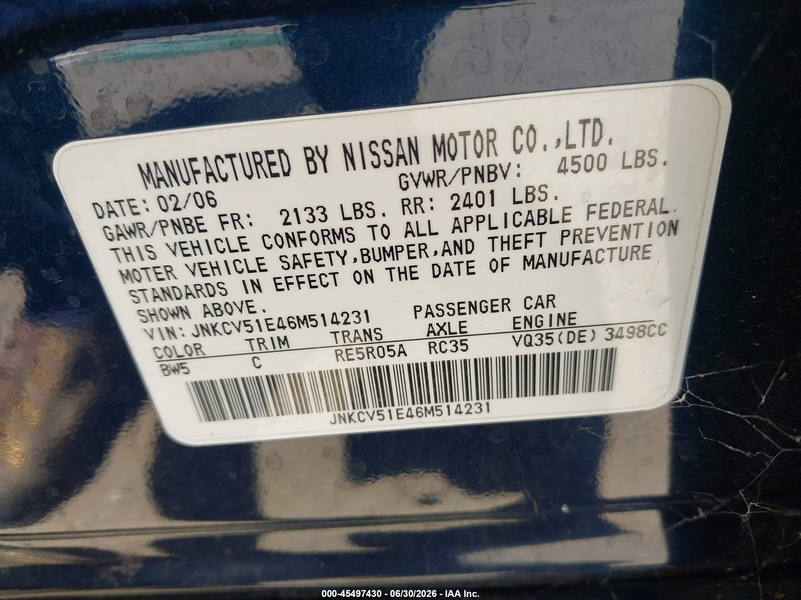 2006 Infiniti G35 Dark Blue vin: JNKCV51E46M514231