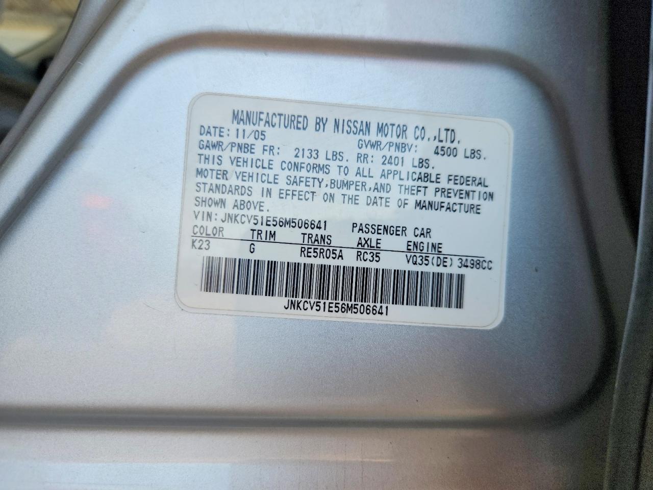 2006 Infiniti G35 Base Silver vin: JNKCV51E56M506641