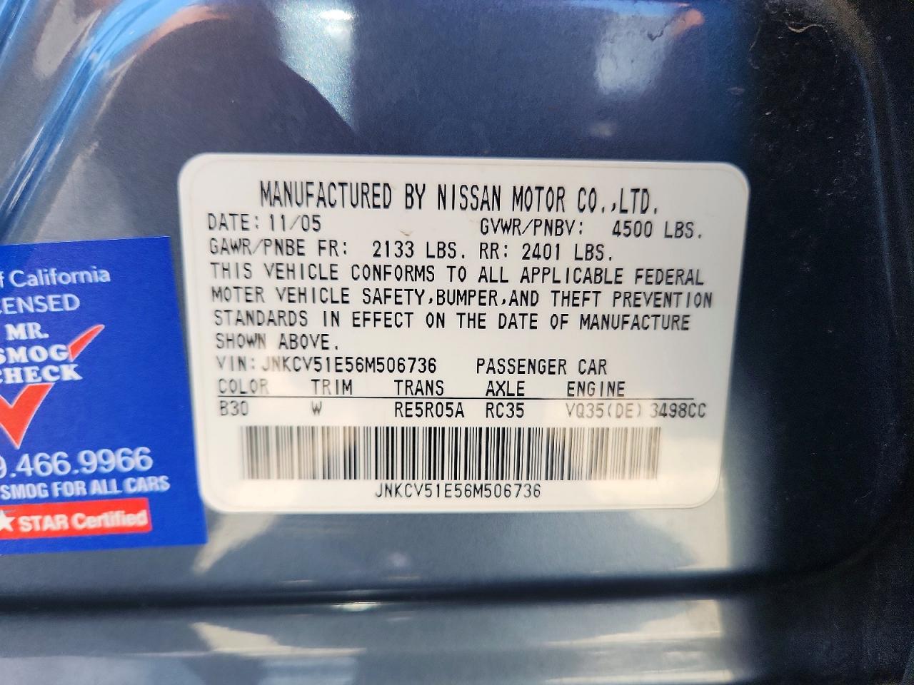 2006 Infiniti G35 Base Blue vin: JNKCV51E56M506736
