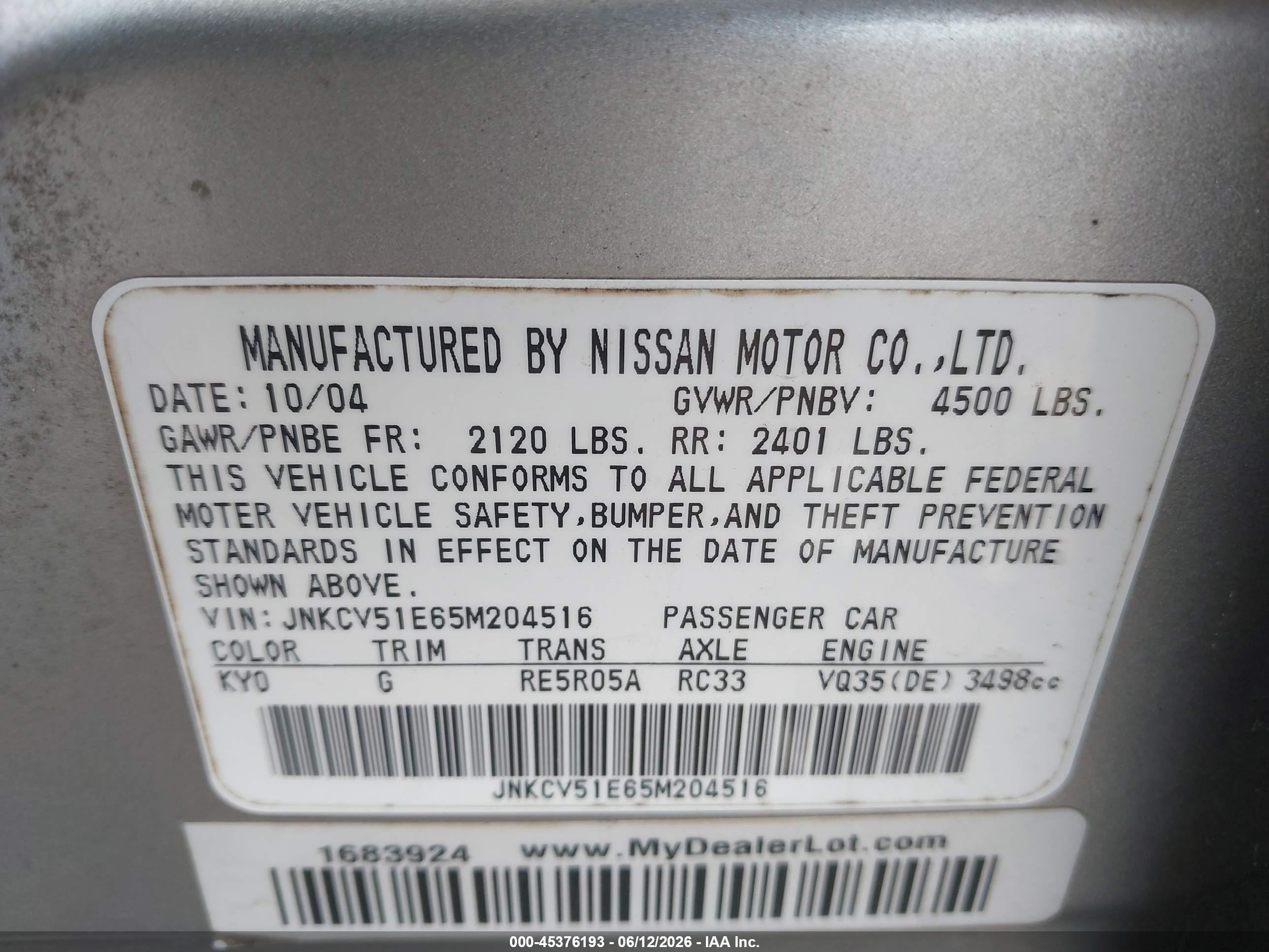 2005 Infiniti G35   Silver vin: JNKCV51E65M204516
