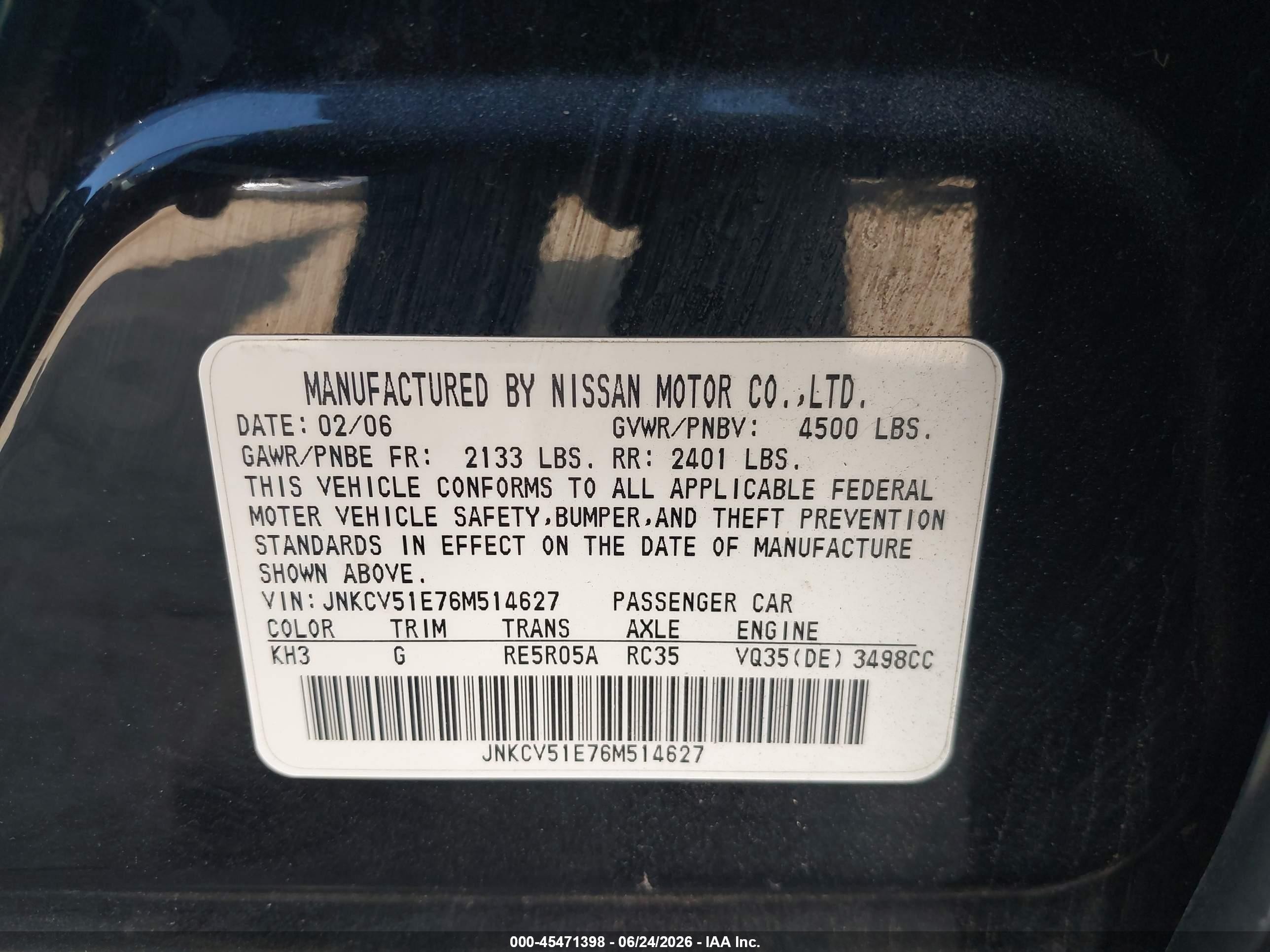 2006 Infiniti G35 Black vin: JNKCV51E76M514627