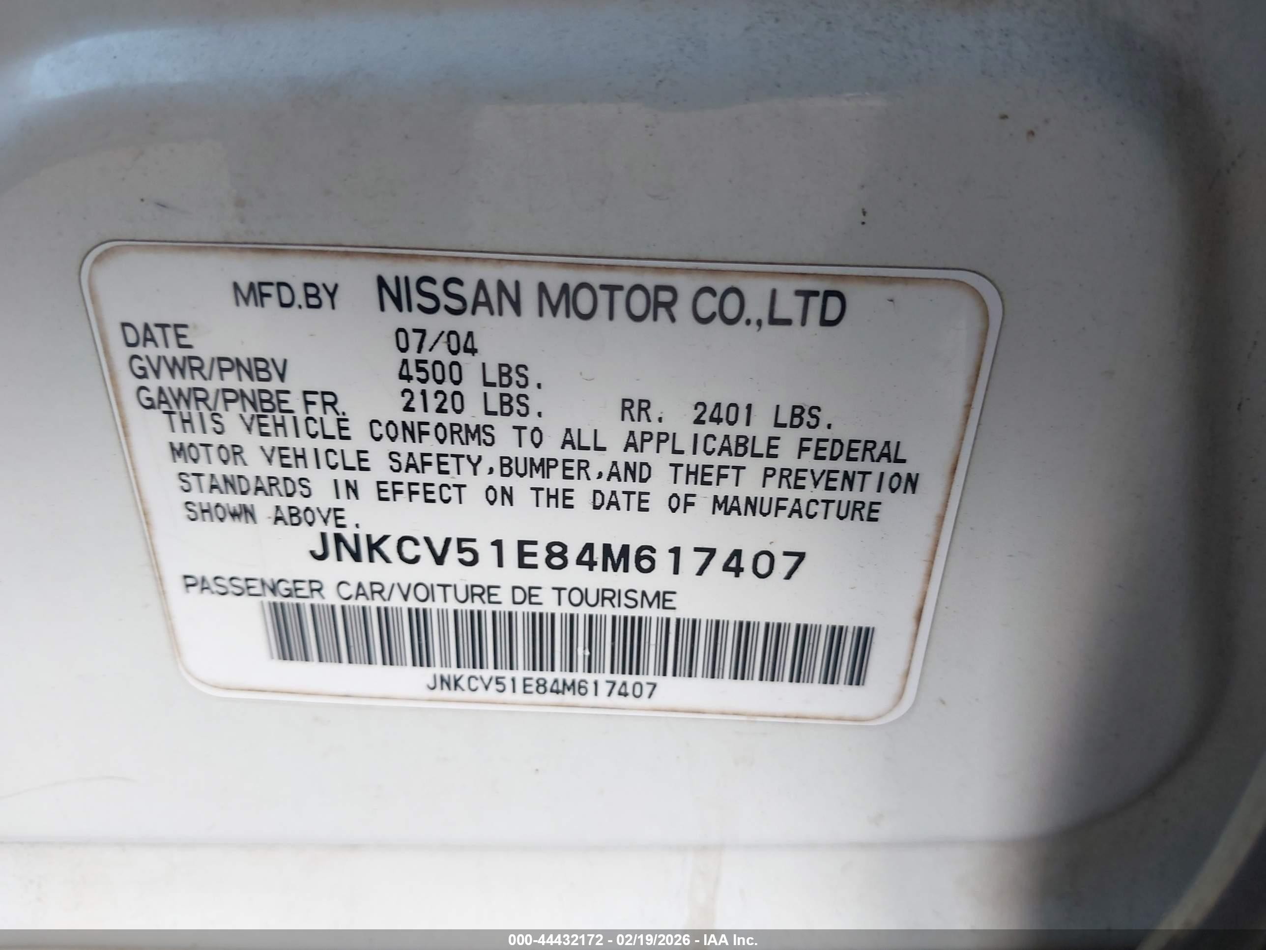 2004 Infiniti G35   White vin: JNKCV51E84M617407
