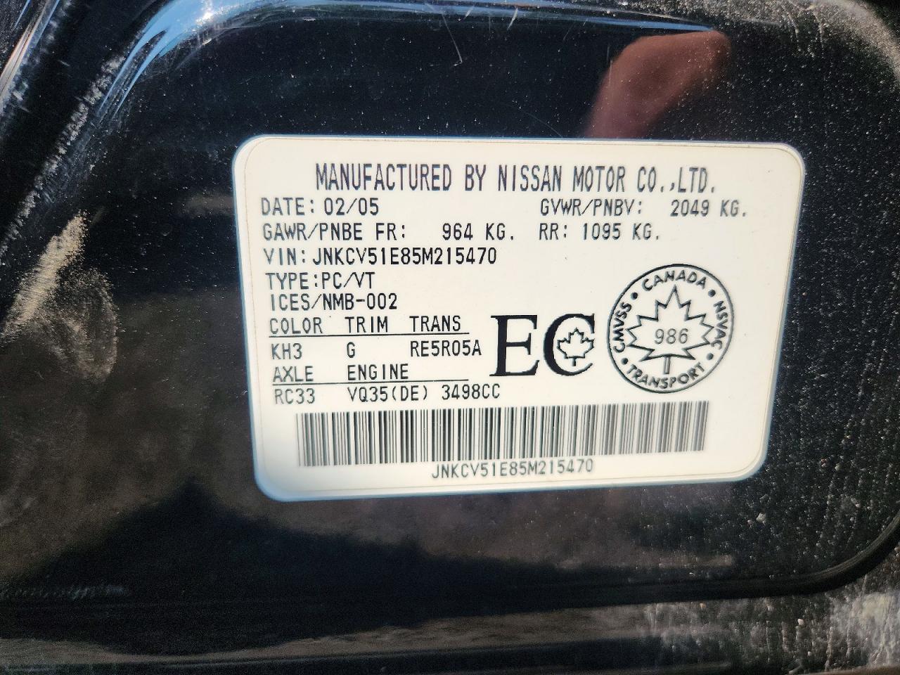 2005 Infiniti G35 Base Black vin: JNKCV51E85M215470