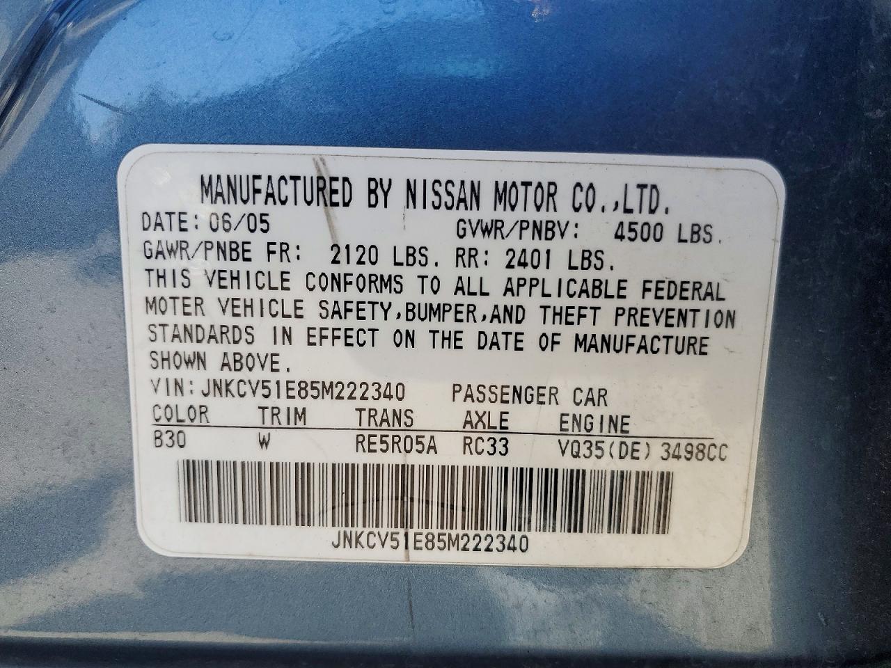 2005 Infiniti G35 Base Blue vin: JNKCV51E85M222340