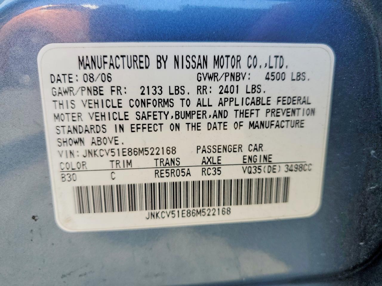 2006 Infiniti G35 Base Blue vin: JNKCV51E86M522168