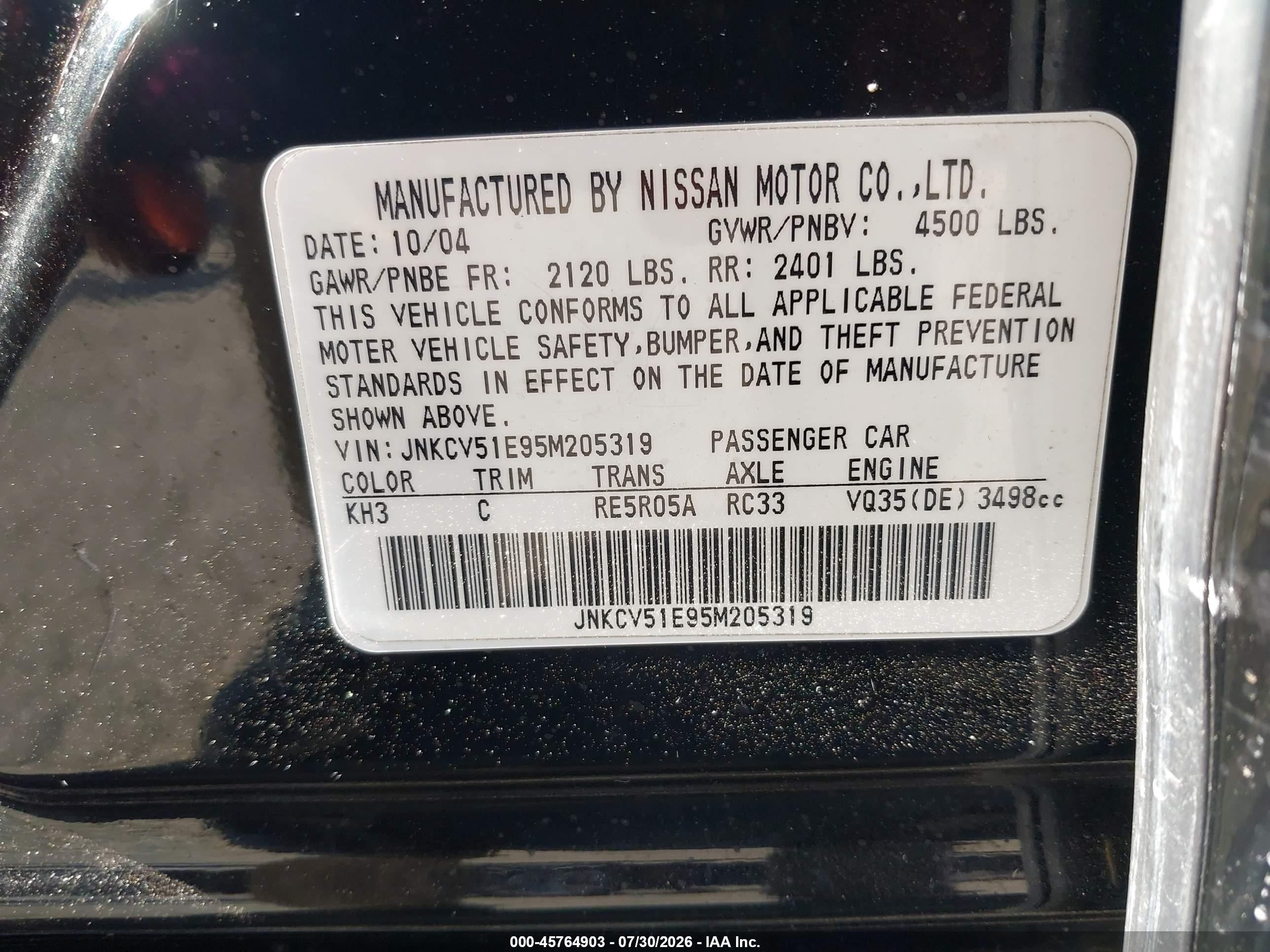 2005 Infiniti G35   Black vin: JNKCV51E95M205319