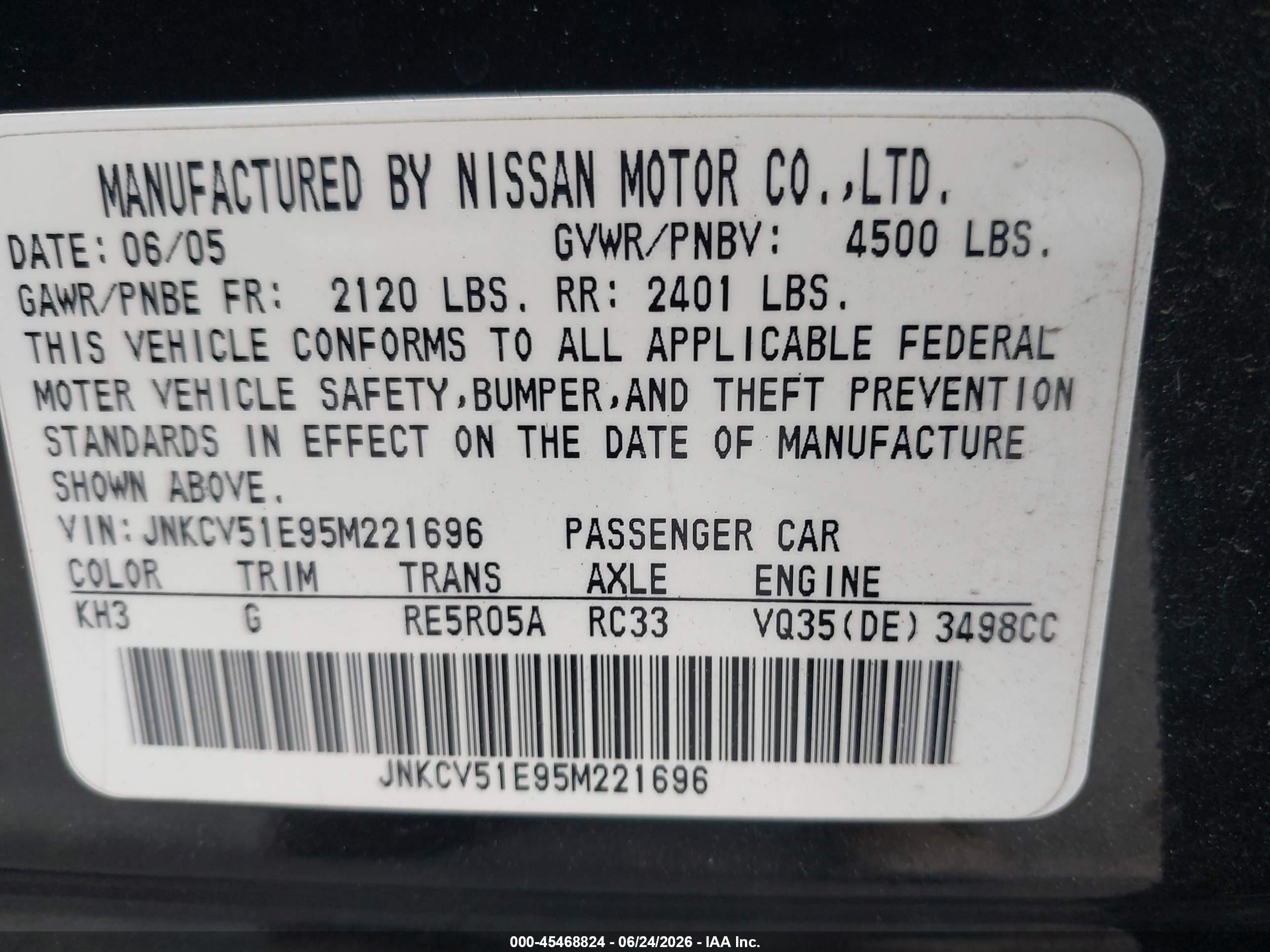 2005 Infiniti G35   Black vin: JNKCV51E95M221696