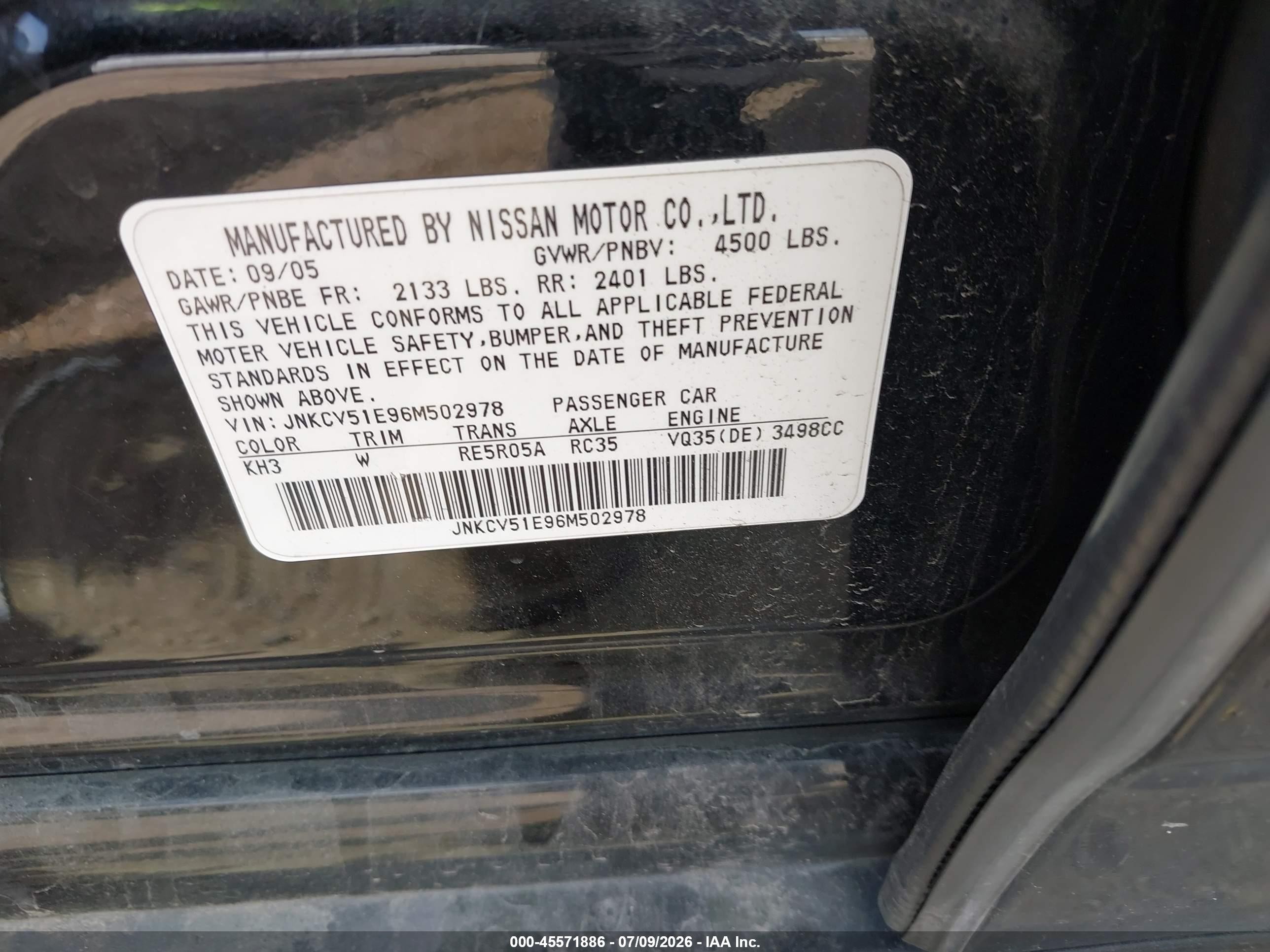 2006 Infiniti G35 Черный vin: JNKCV51E96M502978