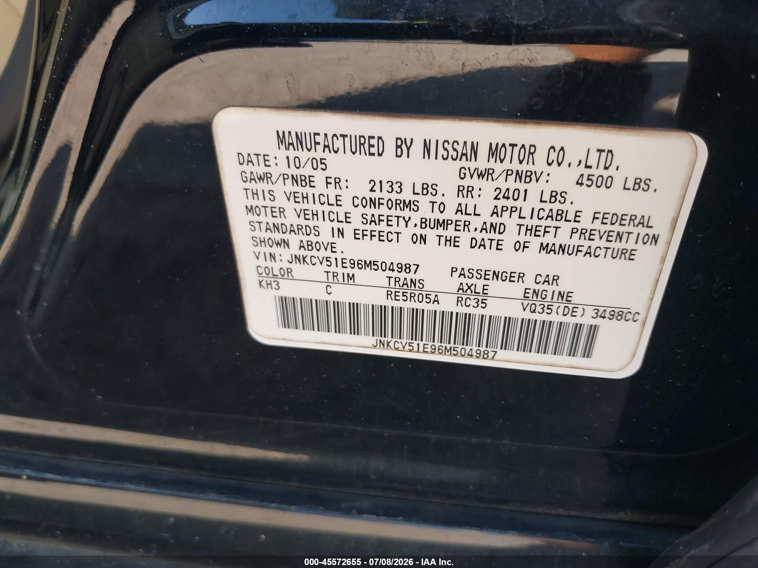 2006 Infiniti G35   Черный vin: JNKCV51E96M504987