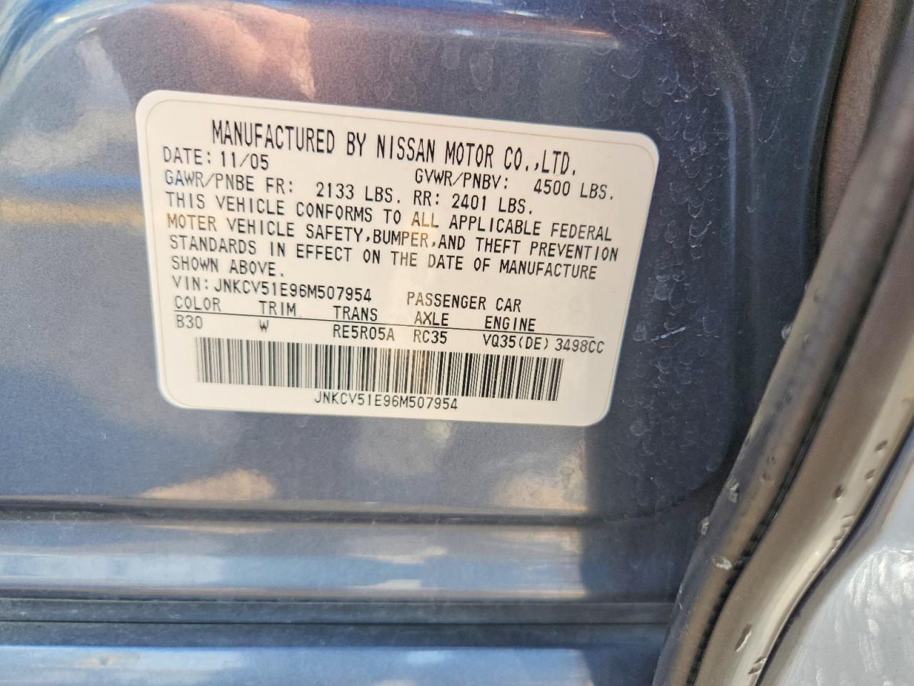 2006 Infiniti G35 Base Blue vin: JNKCV51E96M507954