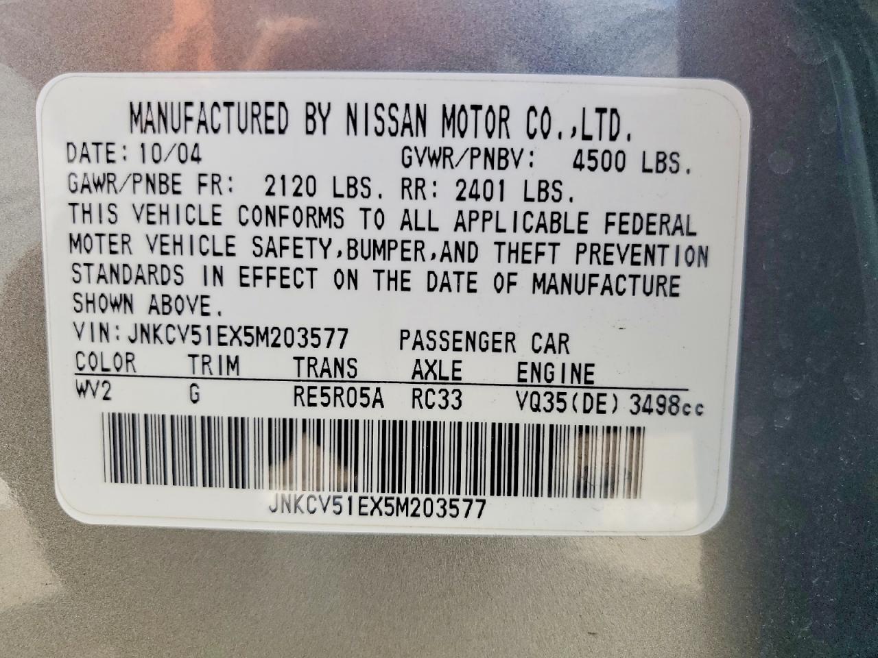 2005 Infiniti G35 Base Gray vin: JNKCV51EX5M203577
