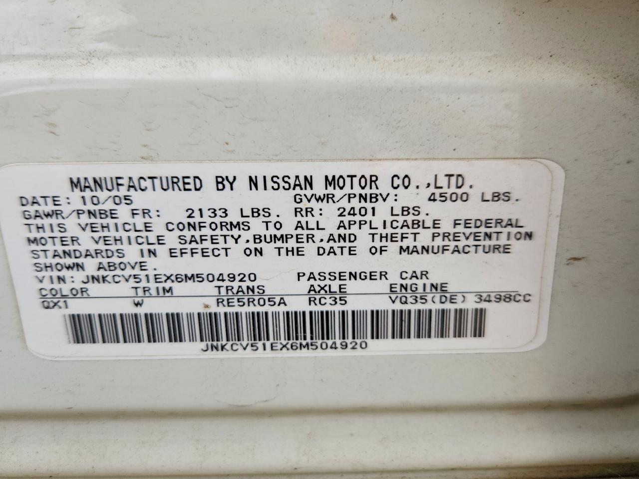 2006 Infiniti G35 Base White vin: JNKCV51EX6M504920