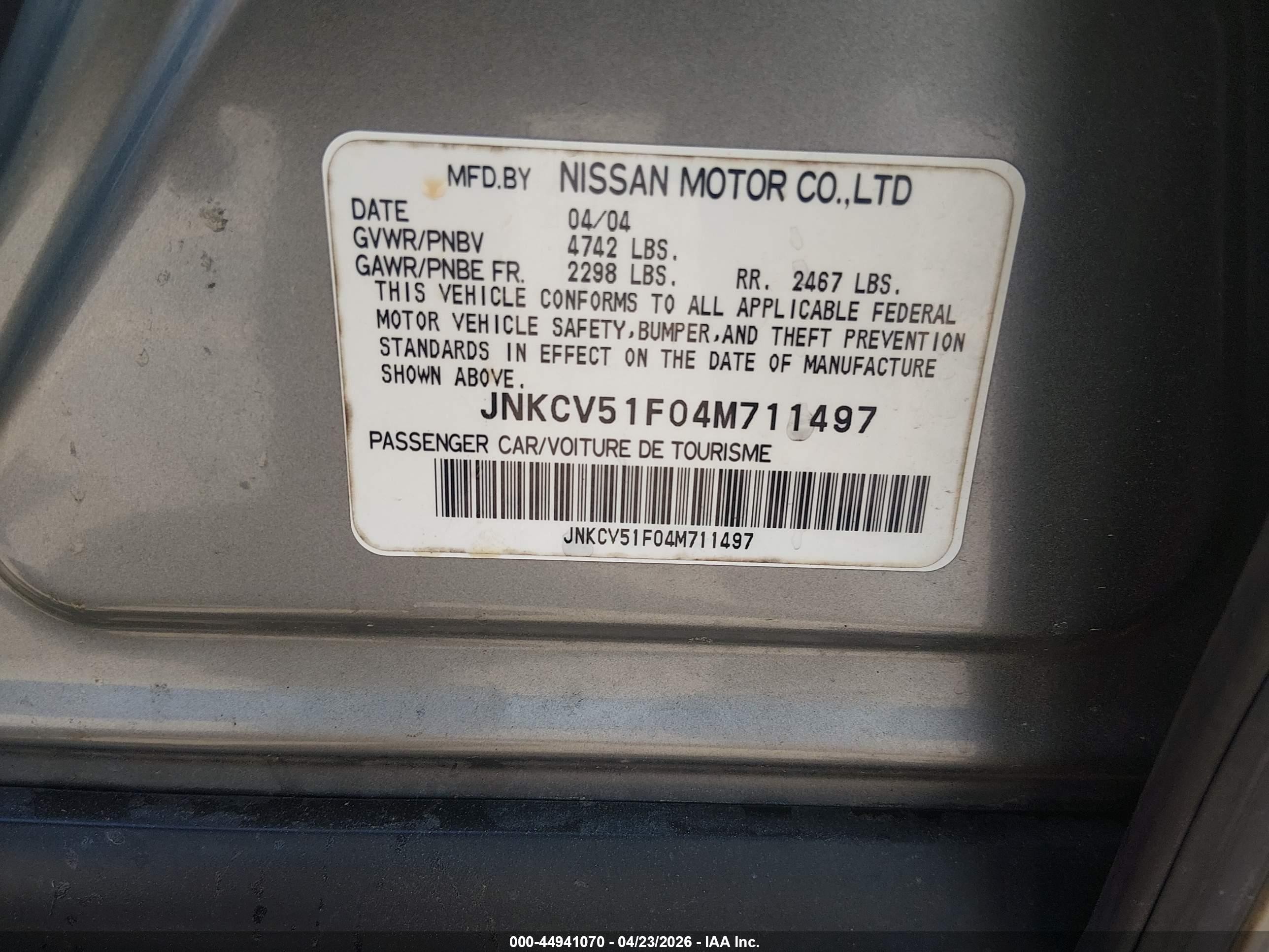 2004 Infiniti G35x   Gray vin: JNKCV51F04M711497