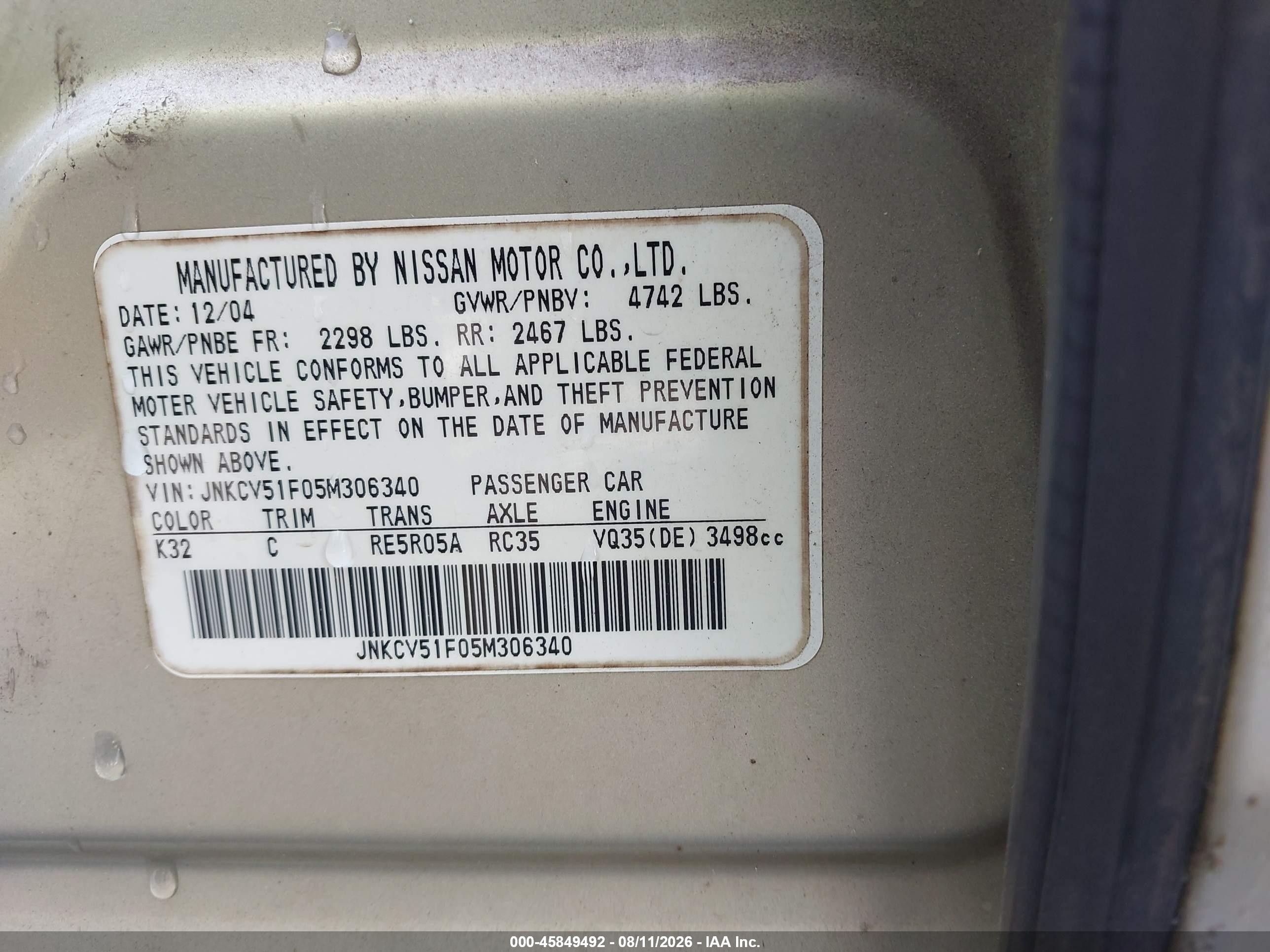 2005 Infiniti G35x   Gold vin: JNKCV51F05M306340