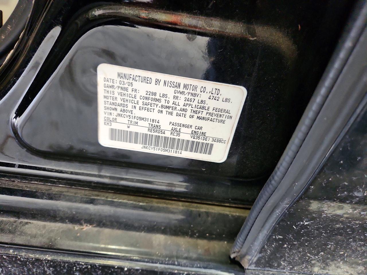 2005 Infiniti G35 X Black vin: JNKCV51F05M311814