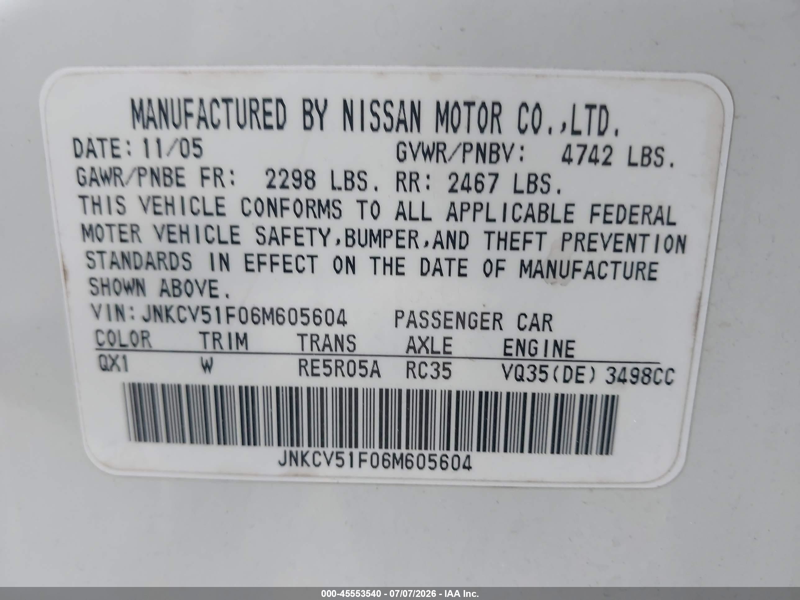 2006 Infiniti G35x   White vin: JNKCV51F06M605604