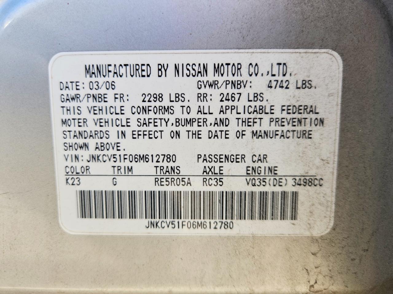 2006 Infiniti G35 X Silver vin: JNKCV51F06M612780