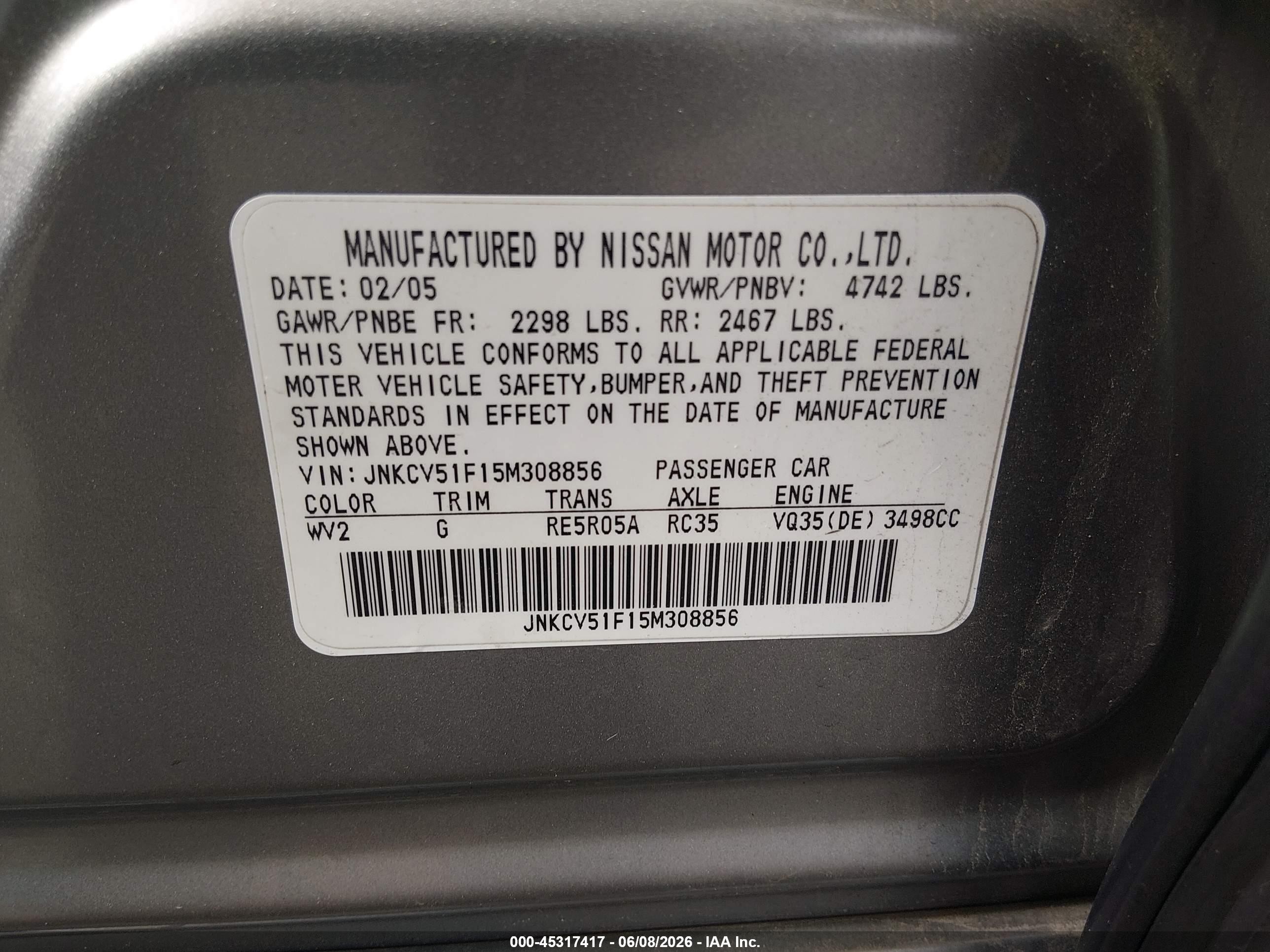 2005 Infiniti G35x   Gray vin: JNKCV51F15M308856