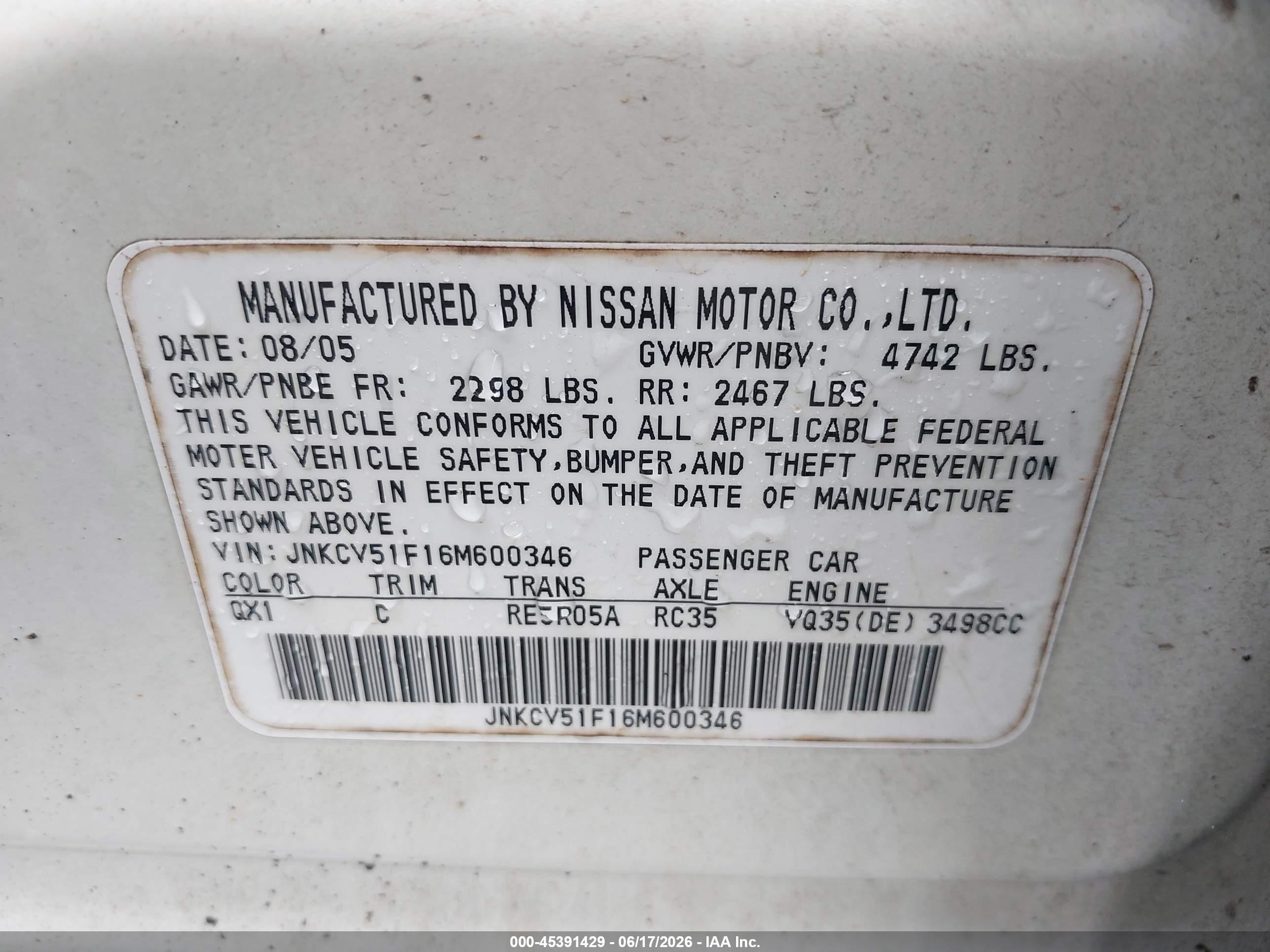 2006 Infiniti G35x   White vin: JNKCV51F16M600346