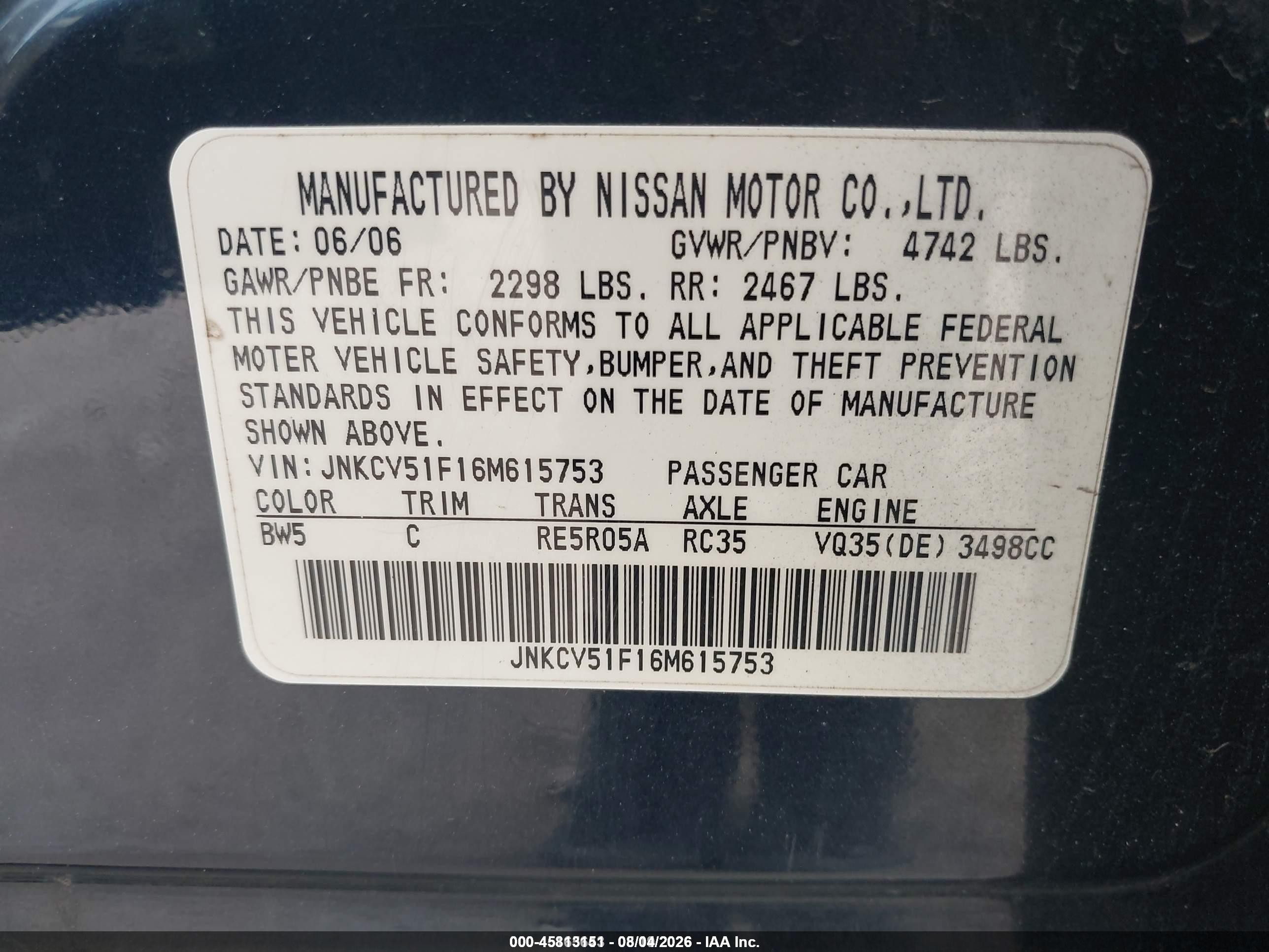 2006 Infiniti G35x   Blue vin: JNKCV51F16M615753