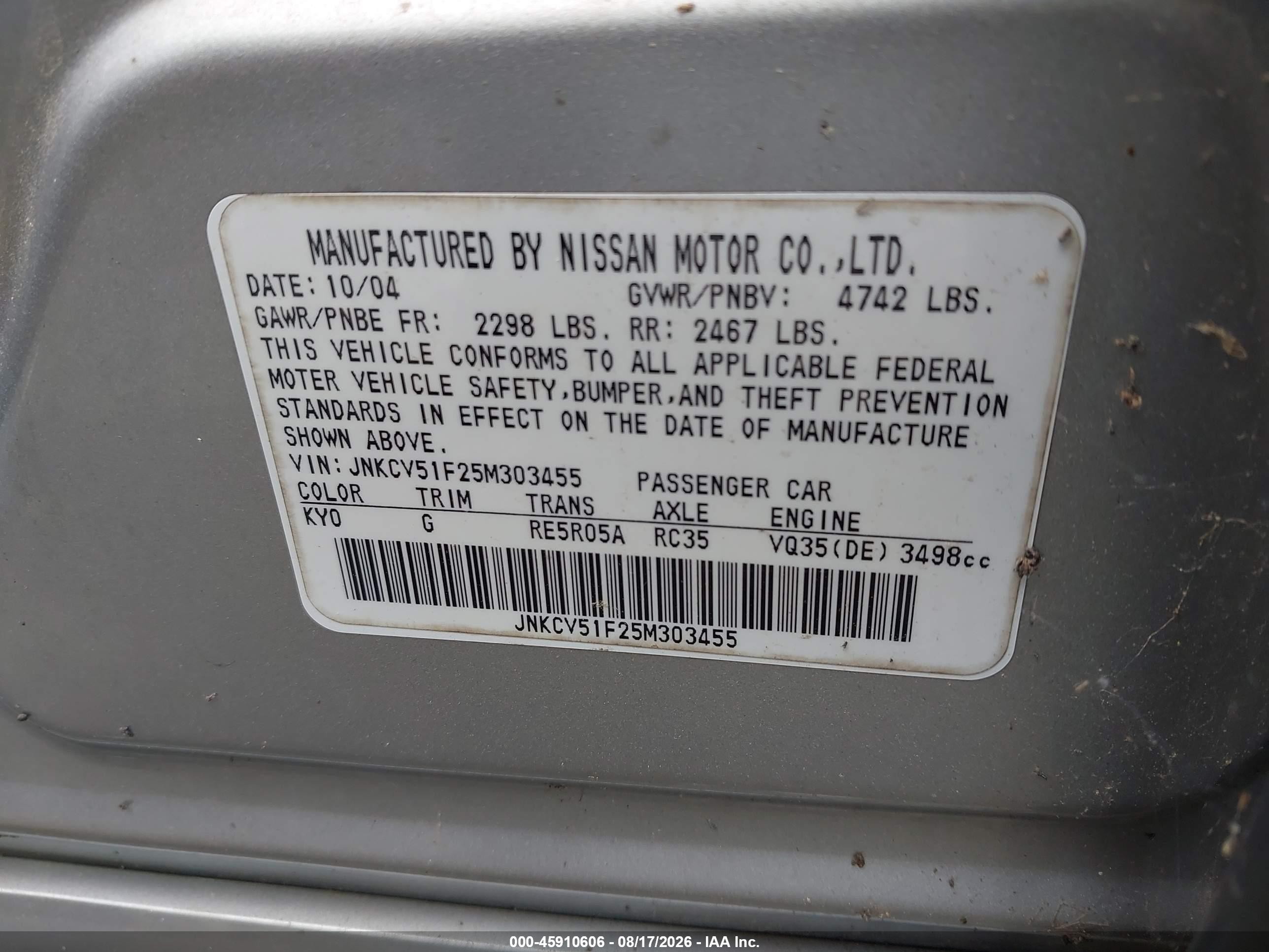 2005 Infiniti G35x Silver vin: JNKCV51F25M303455