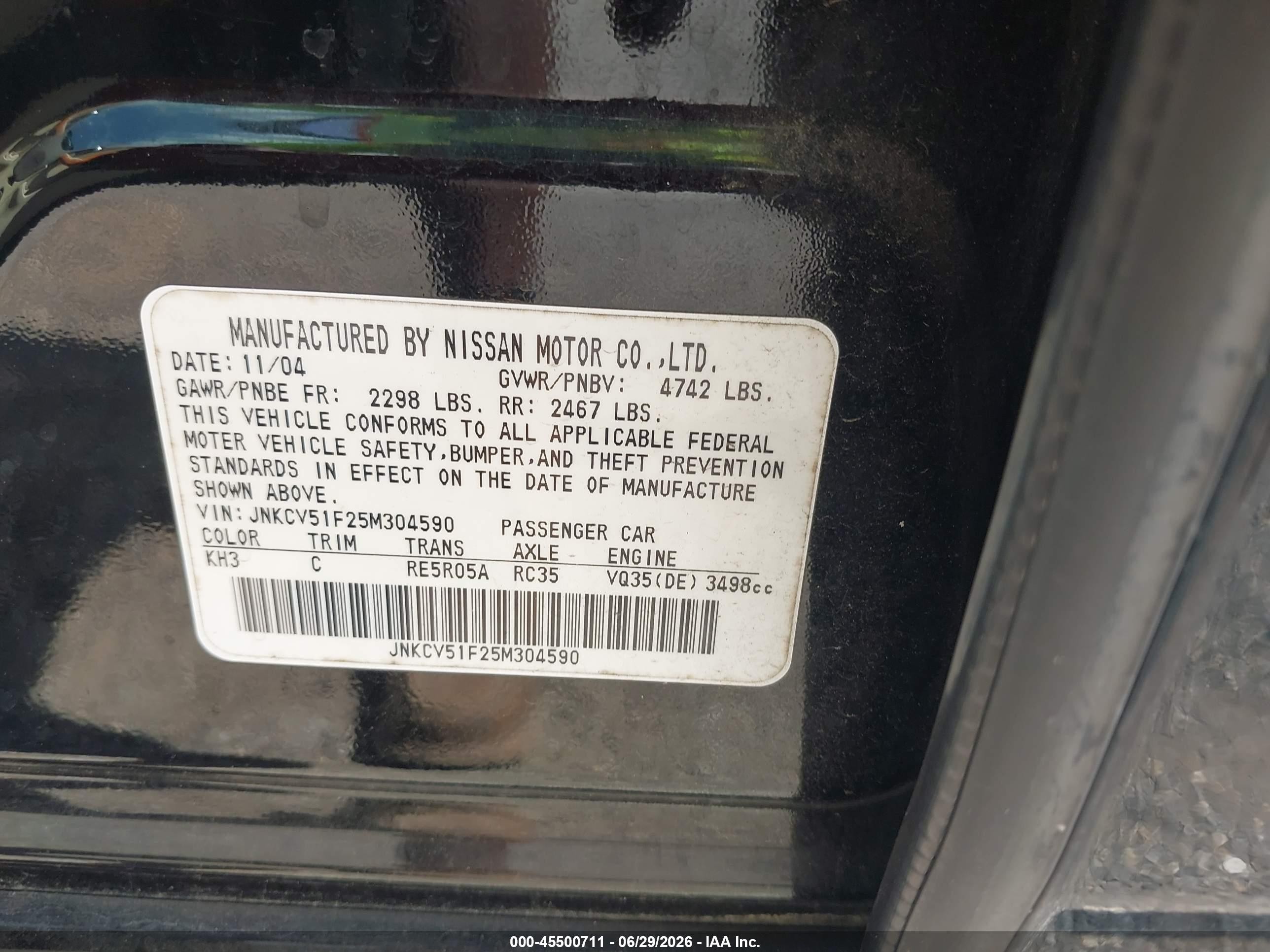 2005 Infiniti G35x   Черный vin: JNKCV51F25M304590