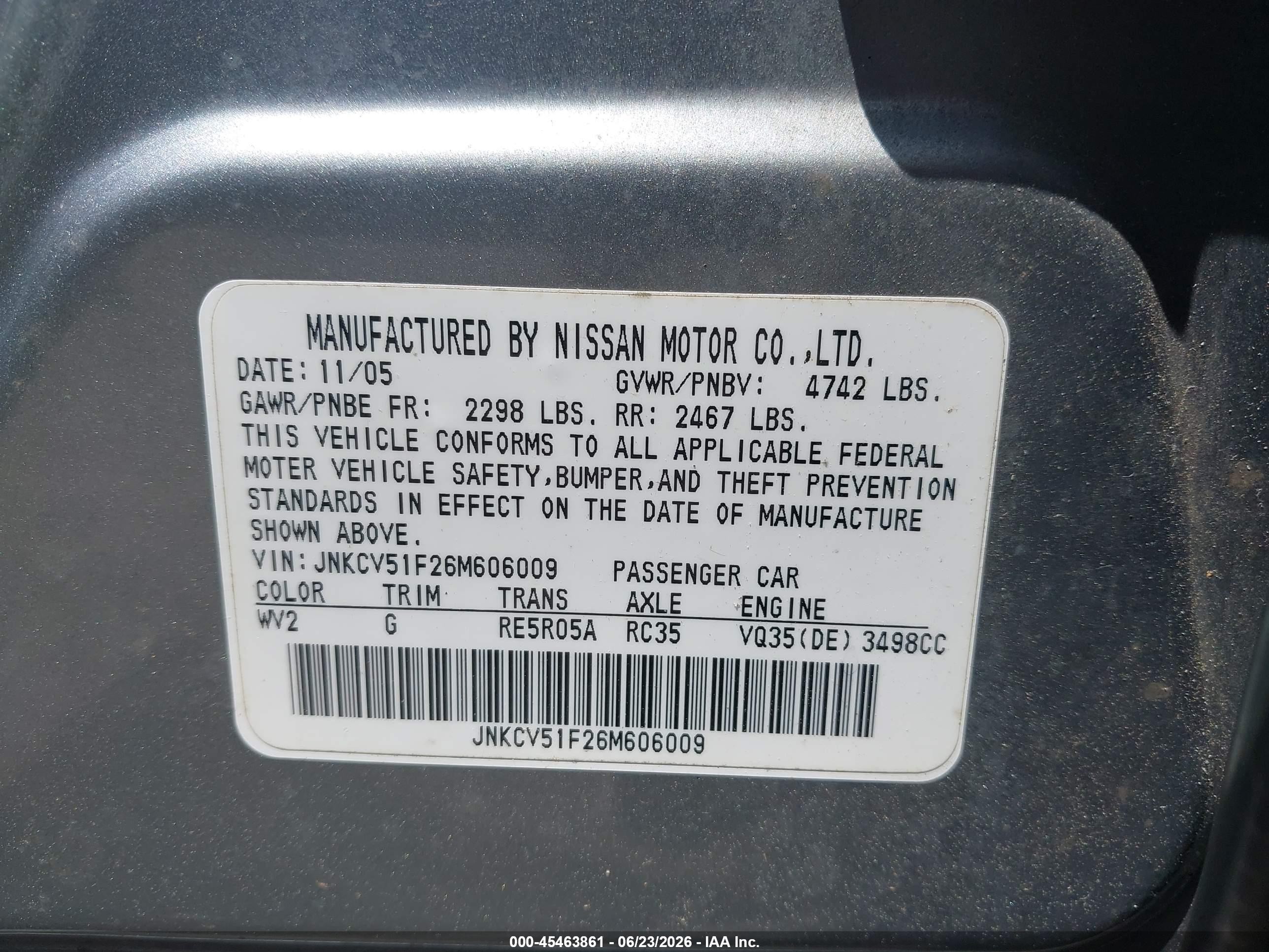 2006 Infiniti G35   Gray vin: JNKCV51F26M606009