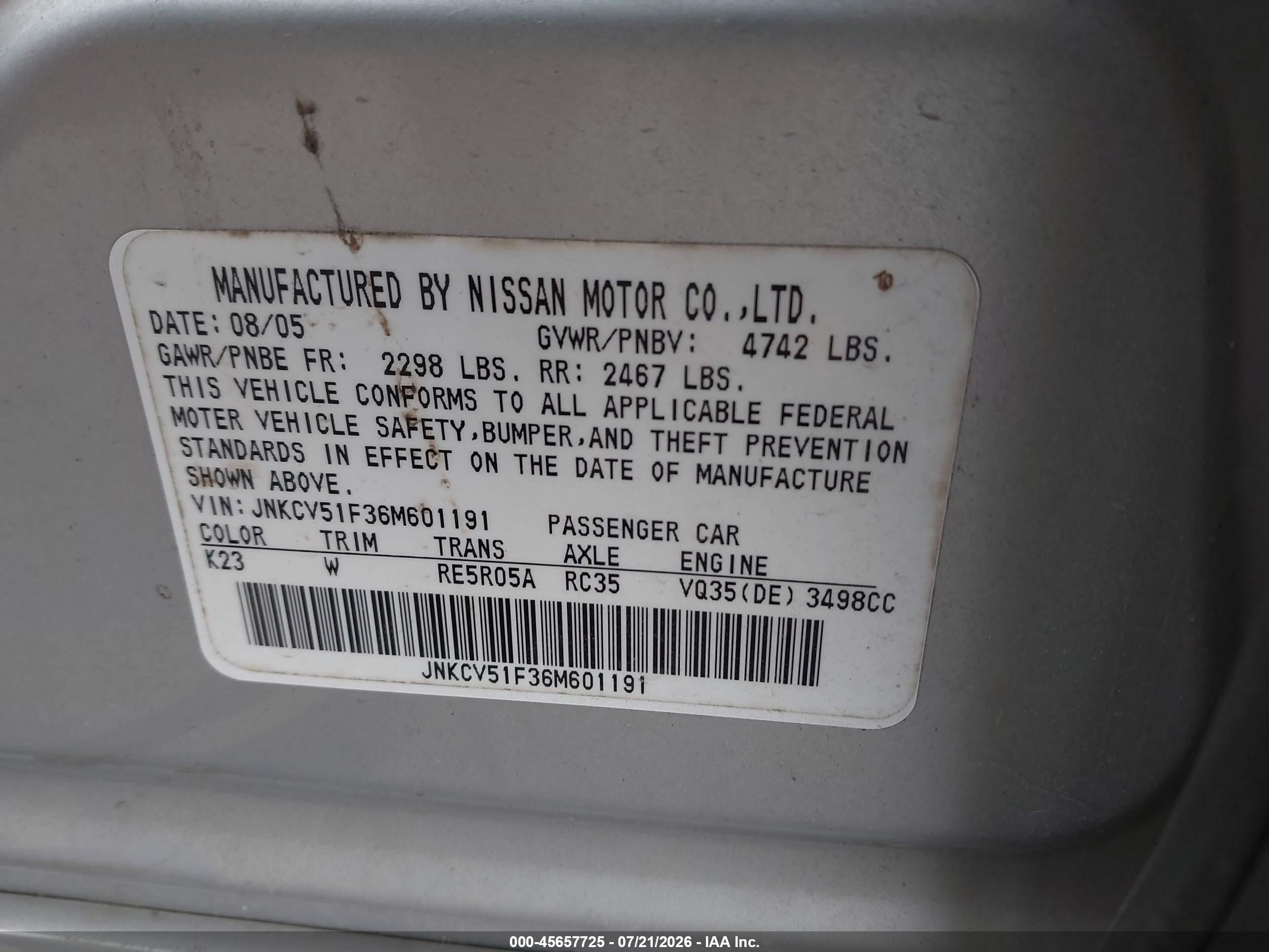 2006 Infiniti G35x   Gray vin: JNKCV51F36M601191