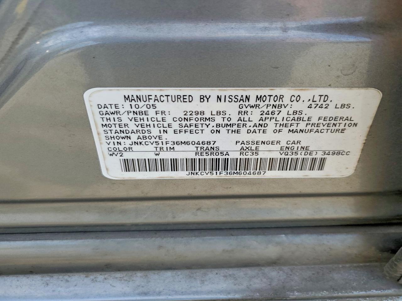 2006 Infiniti G35 X Gray vin: JNKCV51F36M604687