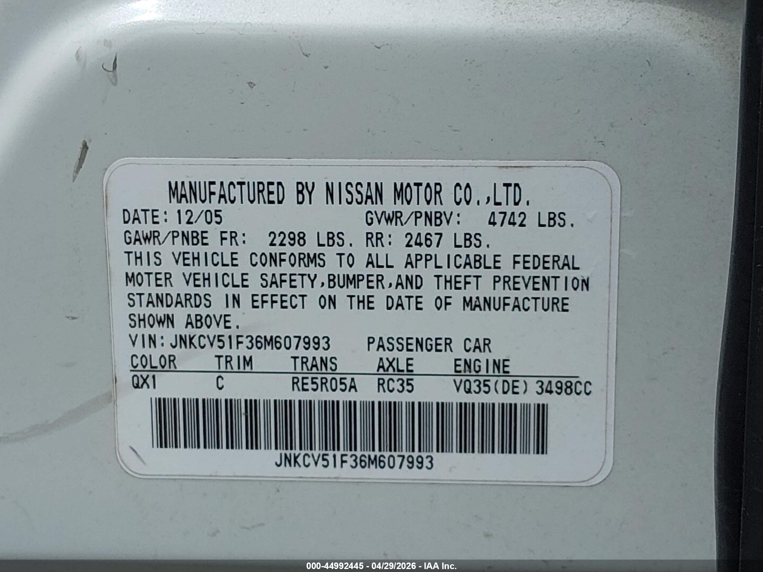 2006 Infiniti G35x   White vin: JNKCV51F36M607993