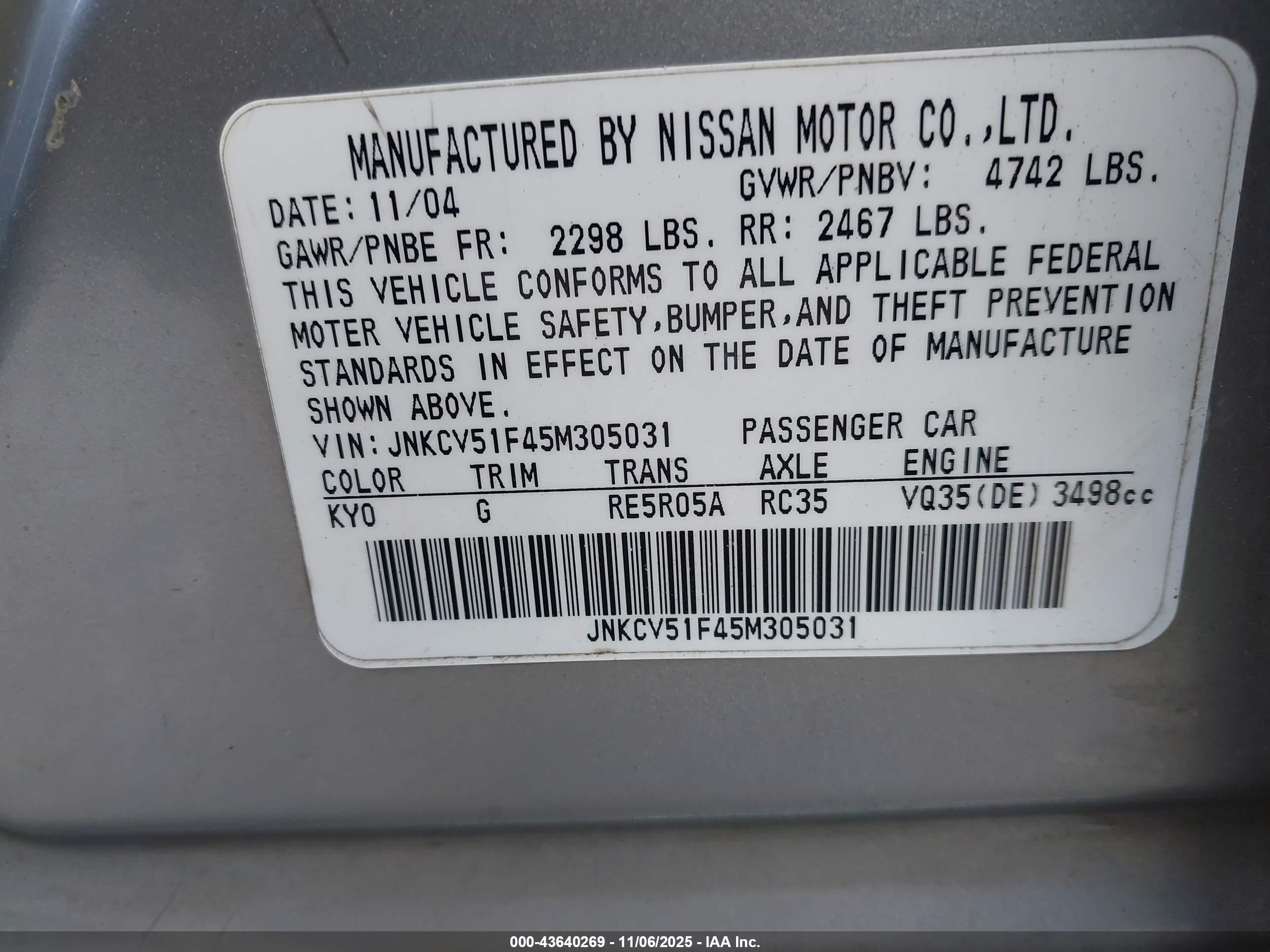 2005 Infiniti G35x   Silver vin: JNKCV51F45M305031