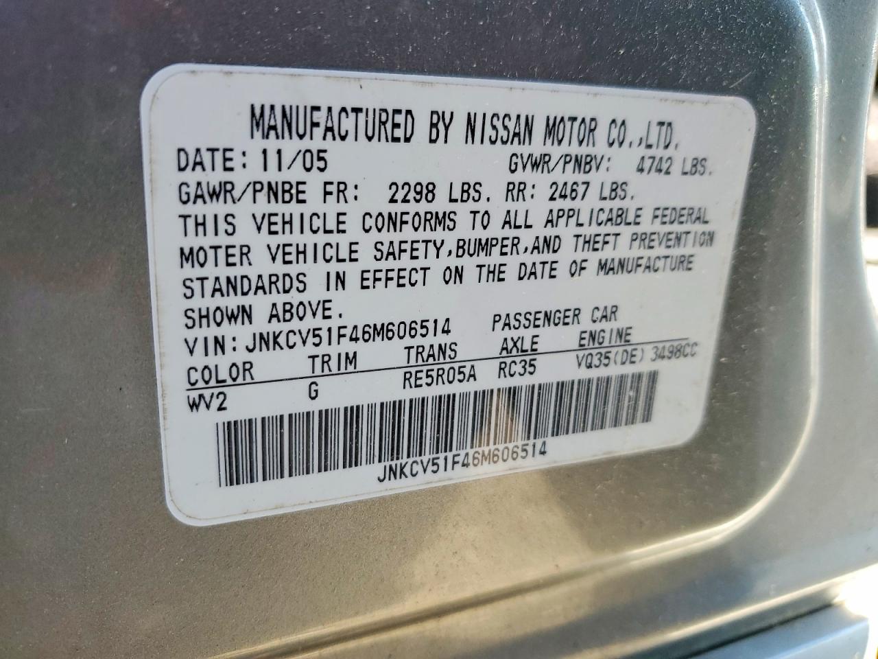 2006 Infiniti G35 X Gray vin: JNKCV51F46M606514