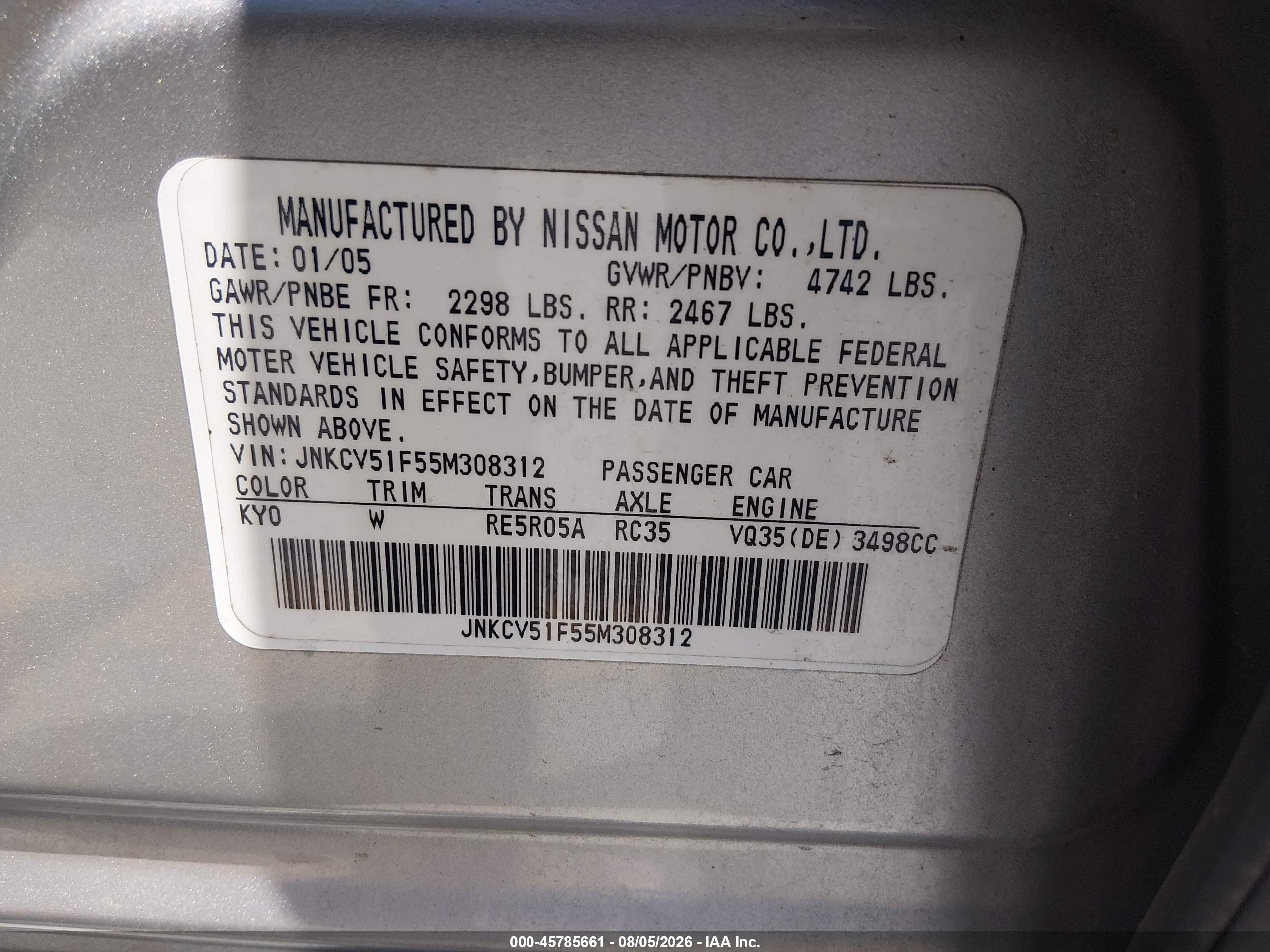 2005 Infiniti G35x   Silver vin: JNKCV51F55M308312