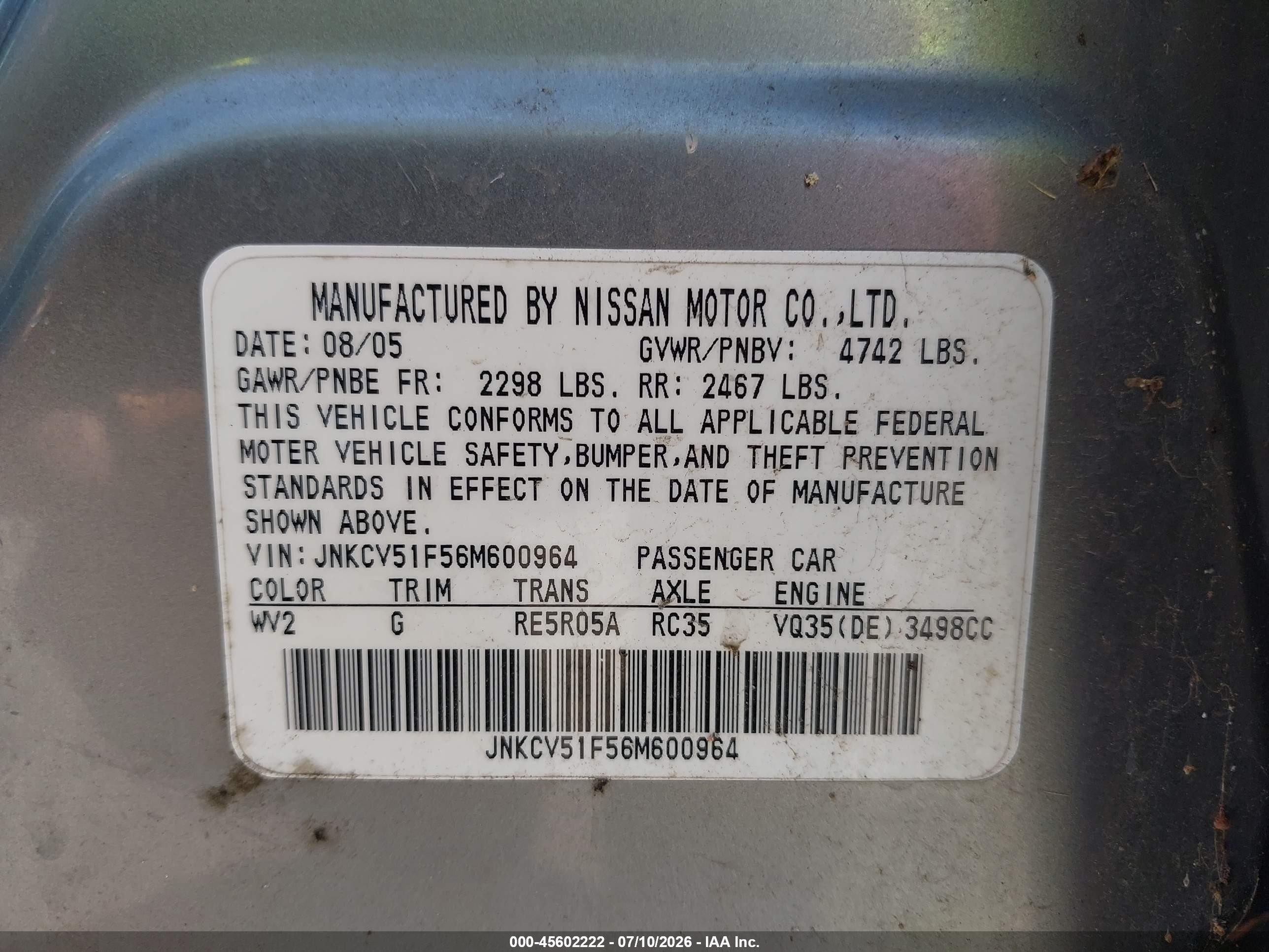 2006 Infiniti G35x   Gray vin: JNKCV51F56M600964