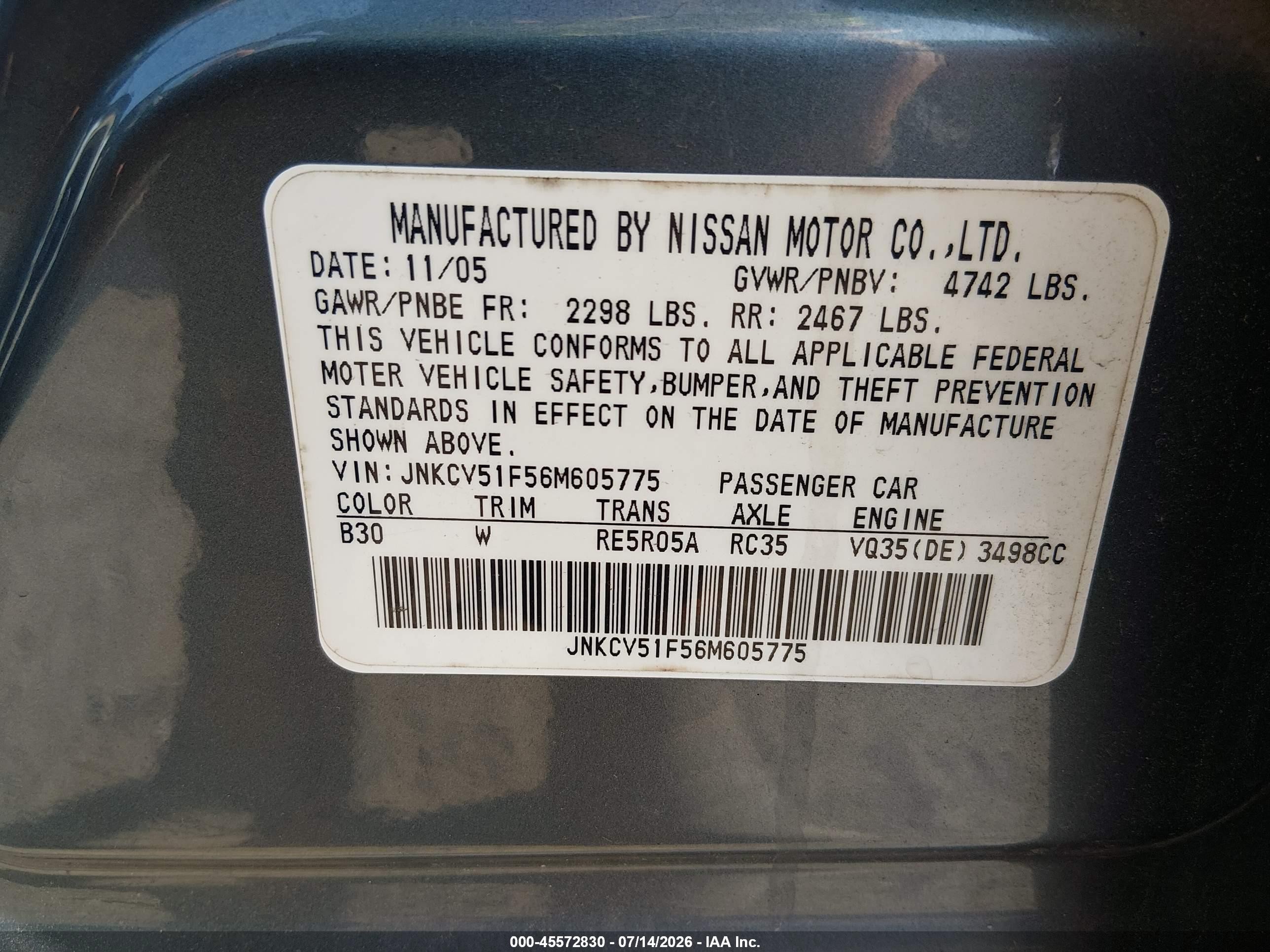 2006 Infiniti G35x Light Blue vin: JNKCV51F56M605775