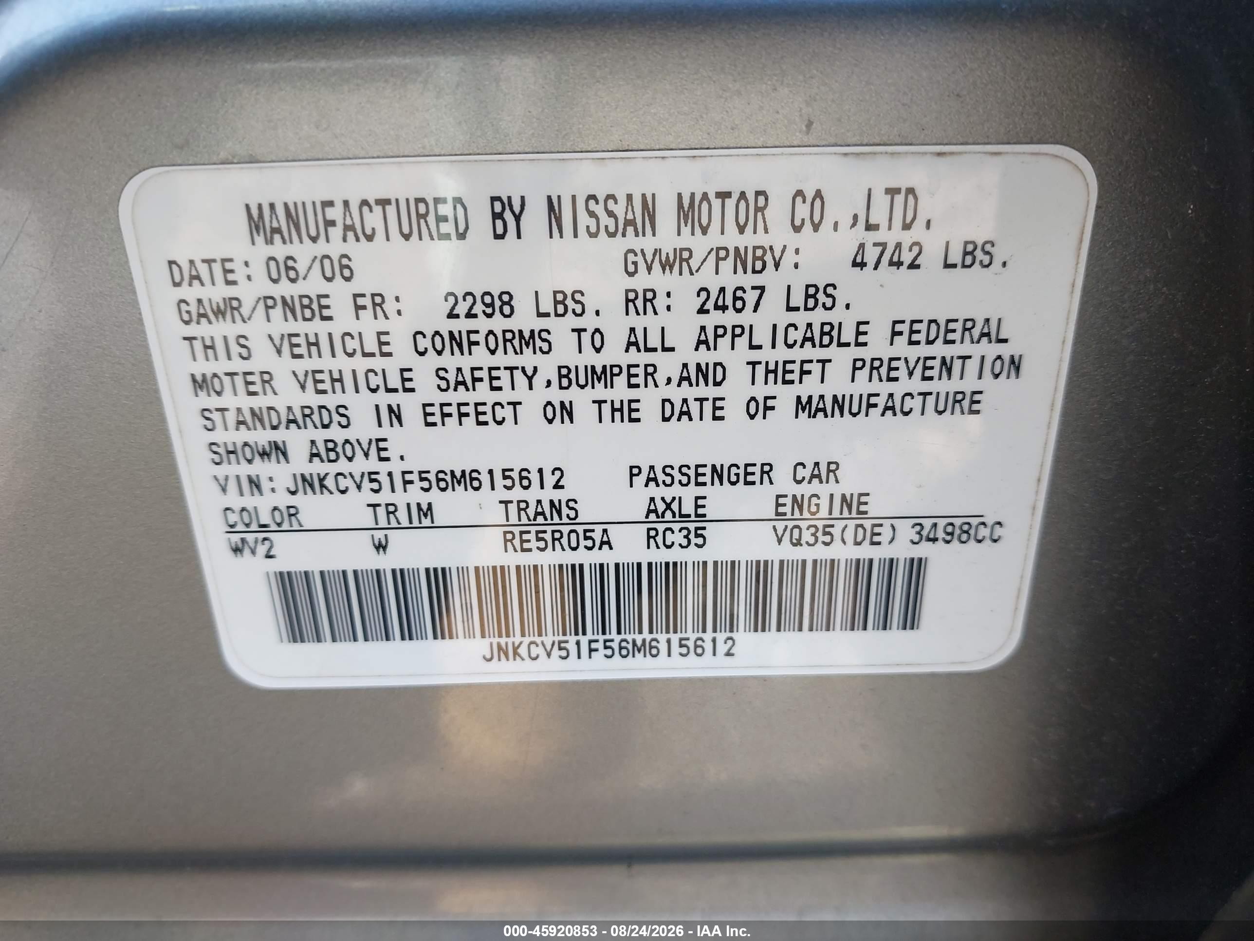 2006 Infiniti G35x Beige vin: JNKCV51F56M615612