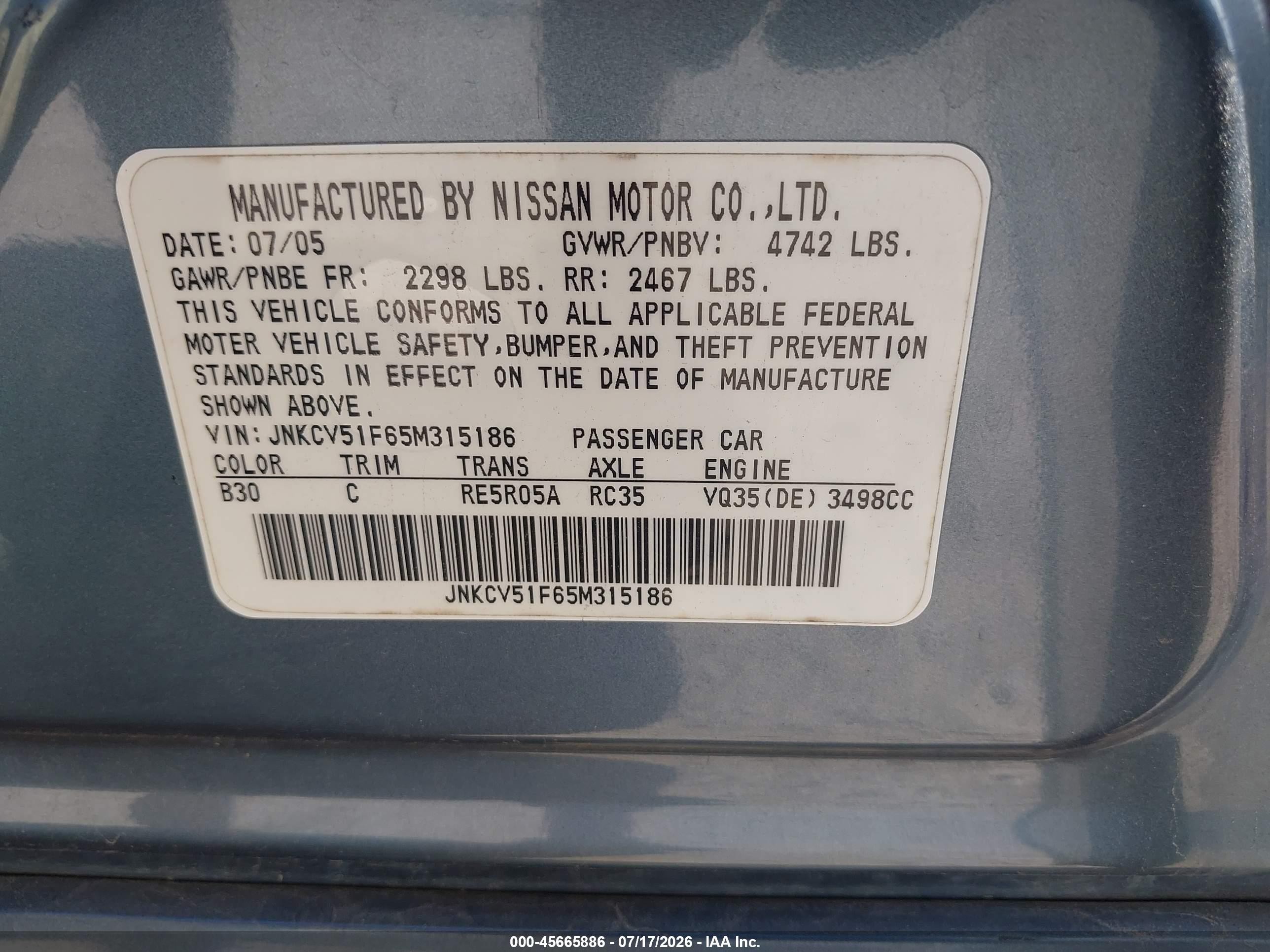 2005 Infiniti G35x   Blue vin: JNKCV51F65M315186