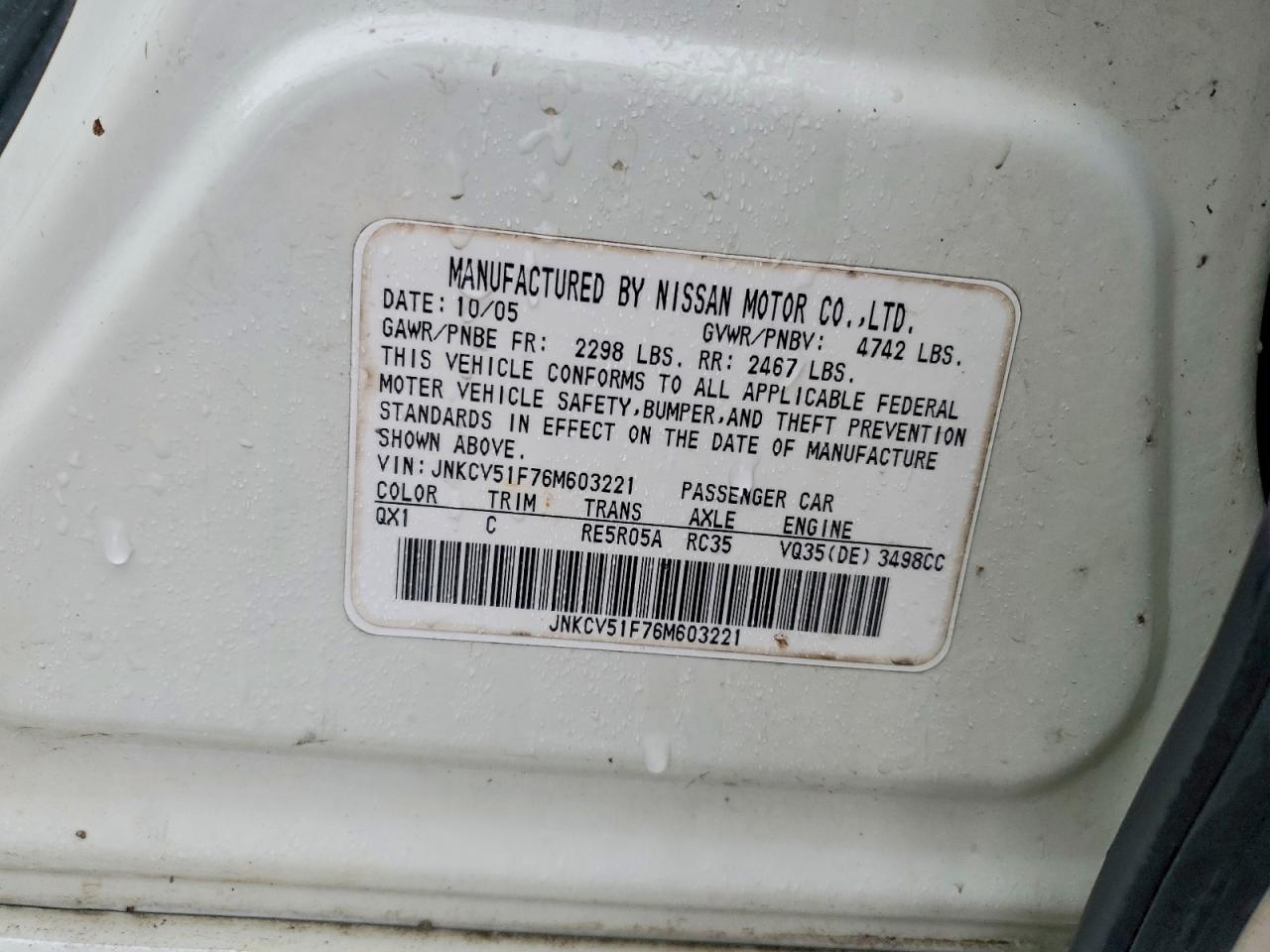 2006 Infiniti G35 X White vin: JNKCV51F76M603221